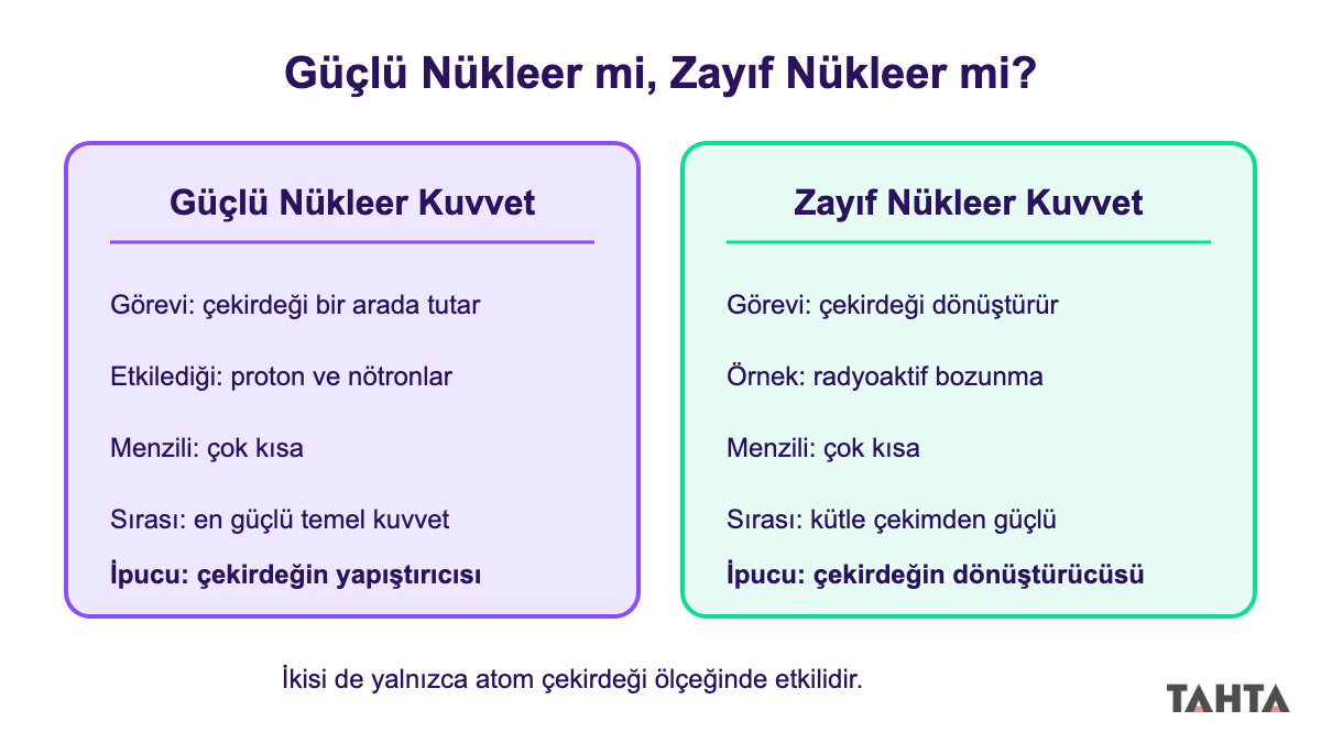 Güçlü nükleer kuvvet ile zayıf nükleer kuvvetin görevini, menzilini ve ipucunu yan yana karşılaştıran iki kutu
