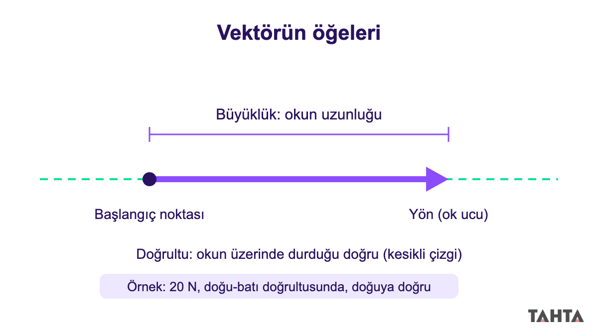 Vektörün öğeleri: başlangıç noktası, kesikli doğrultu çizgisi, ok ucuyla yön ve okun uzunluğuyla büyüklük
