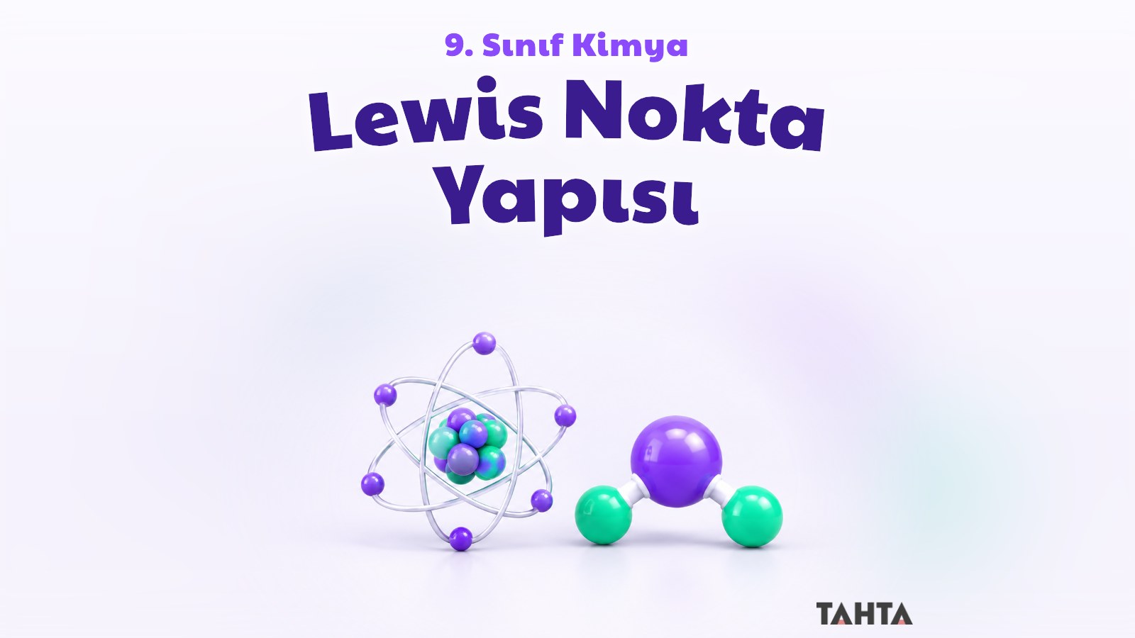 Kimya dersi kapağı için atom modeli ve su molekülü modelinden oluşan mor yeşil 3B çizim