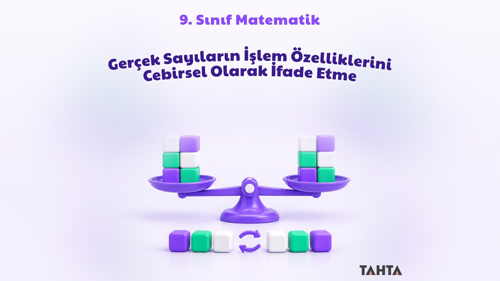 Gerçek sayıların işlem özellikleri dersi için mor ve yeşil terazi ile yer değiştiren bloklar