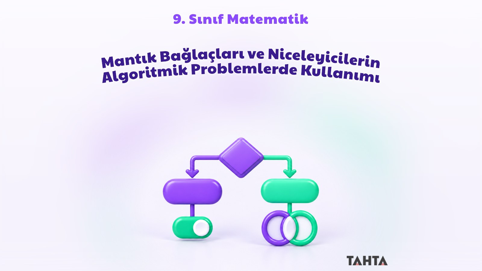 Mor ve yeşil 3B akış şeması karar kutusu, anahtar ve iç içe halkalardan oluşan mantık bağlaçları kapağı