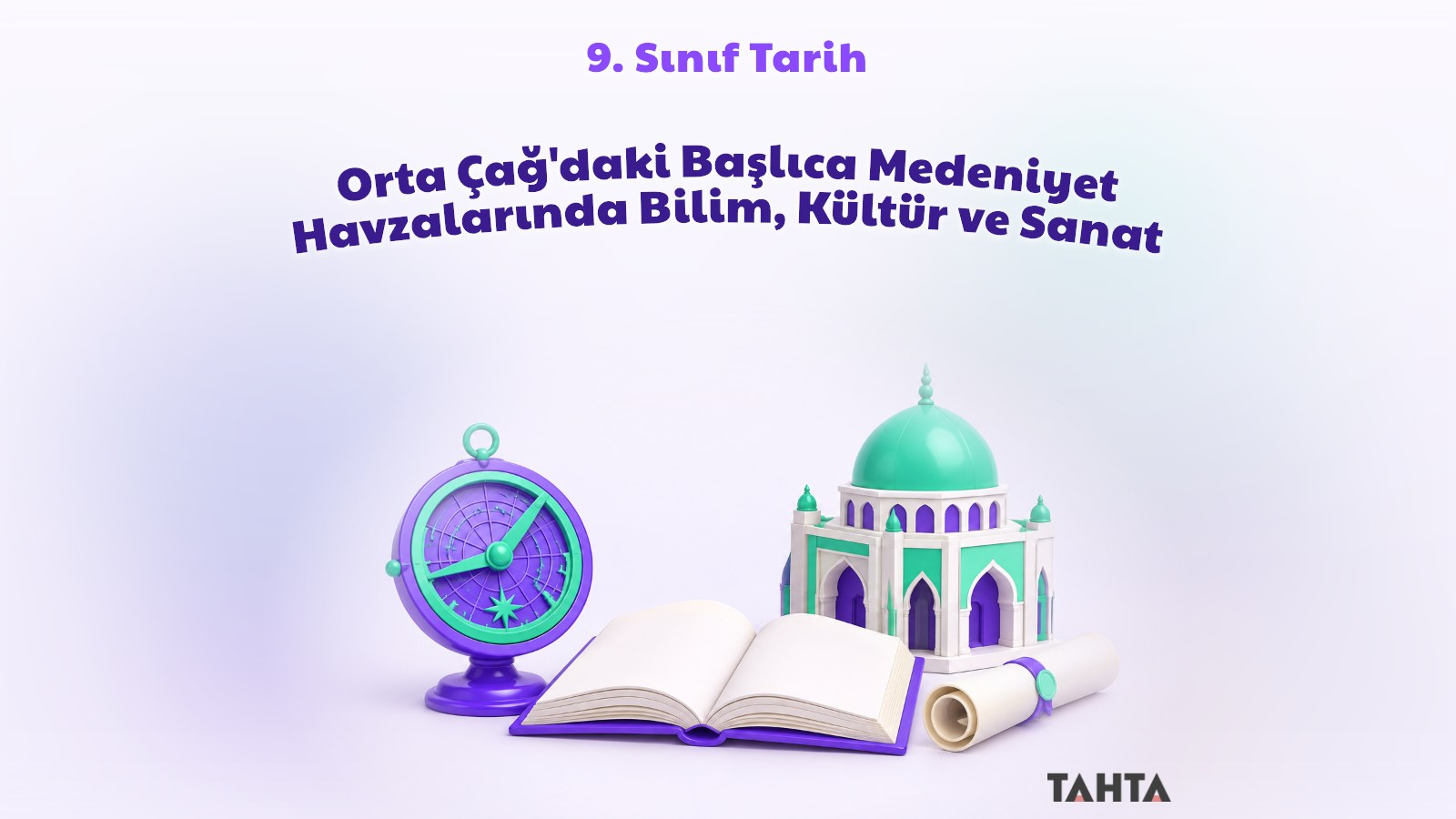 Mor ve yeşil tonlarda usturlap, açık kitap, kâğıt tomarı ve kubbeli yapı maketinden oluşan 3B tarih dersi kapağı