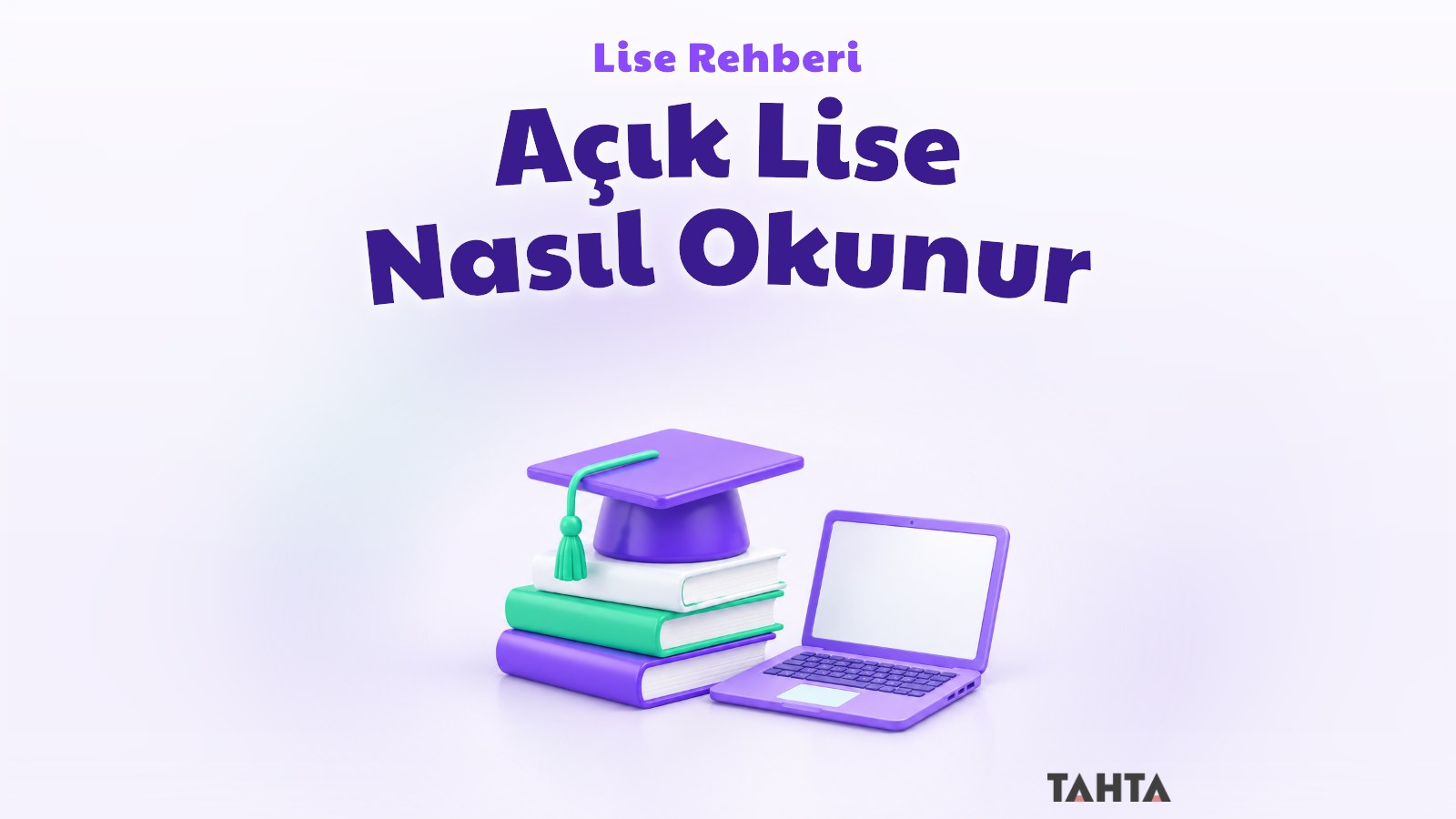 Kitap yığını, dizüstü bilgisayar ve mezuniyet kepiyle açık lise rehberi kapağı