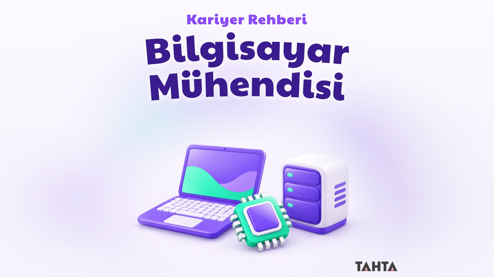 Bilgisayar mühendisliğini simgeleyen dizüstü bilgisayar, mikroçip ve sunucu