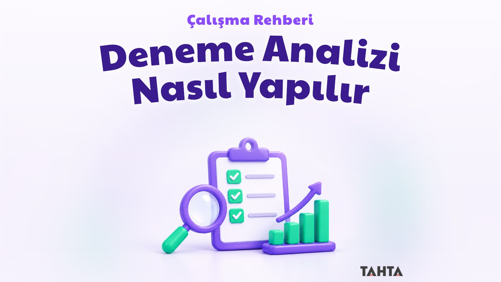 Deneme analizi rehberi kapağı: büyüteç, kontrol listesi ve yükselen grafik