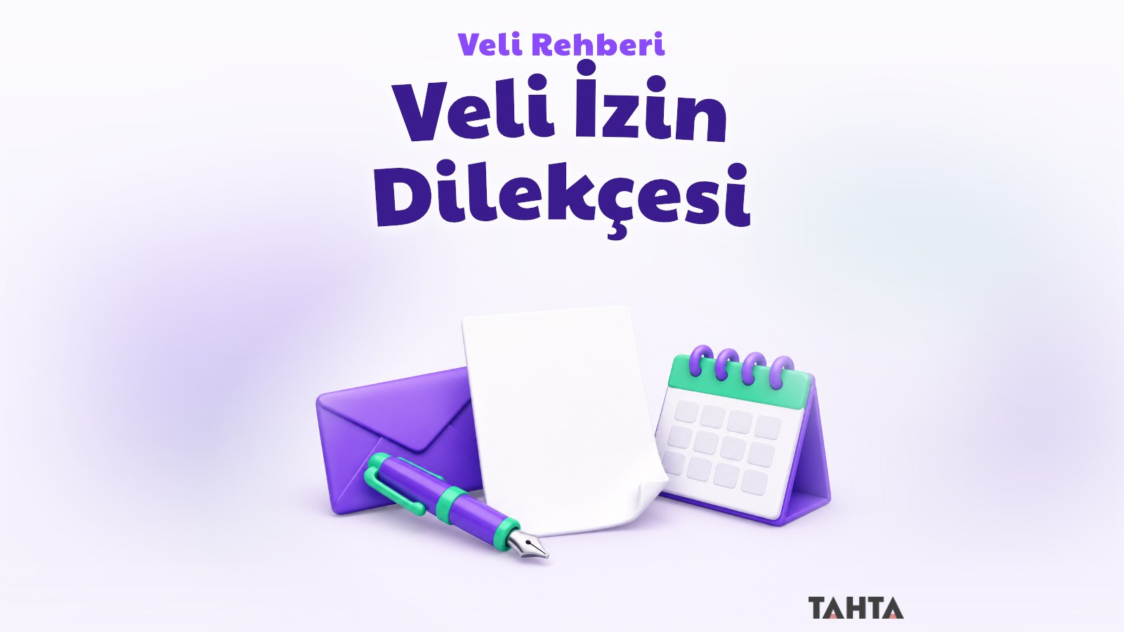 Veli izin dilekçesini simgeleyen mor ve yeşil kâğıt, kalem ve zarf illüstrasyonu