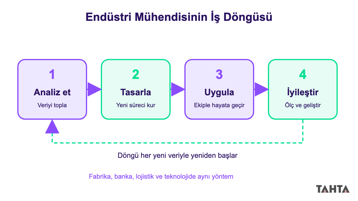 Endüstri mühendisinin analiz et, tasarla, uygula ve iyileştir adımlarından oluşan iş döngüsü
