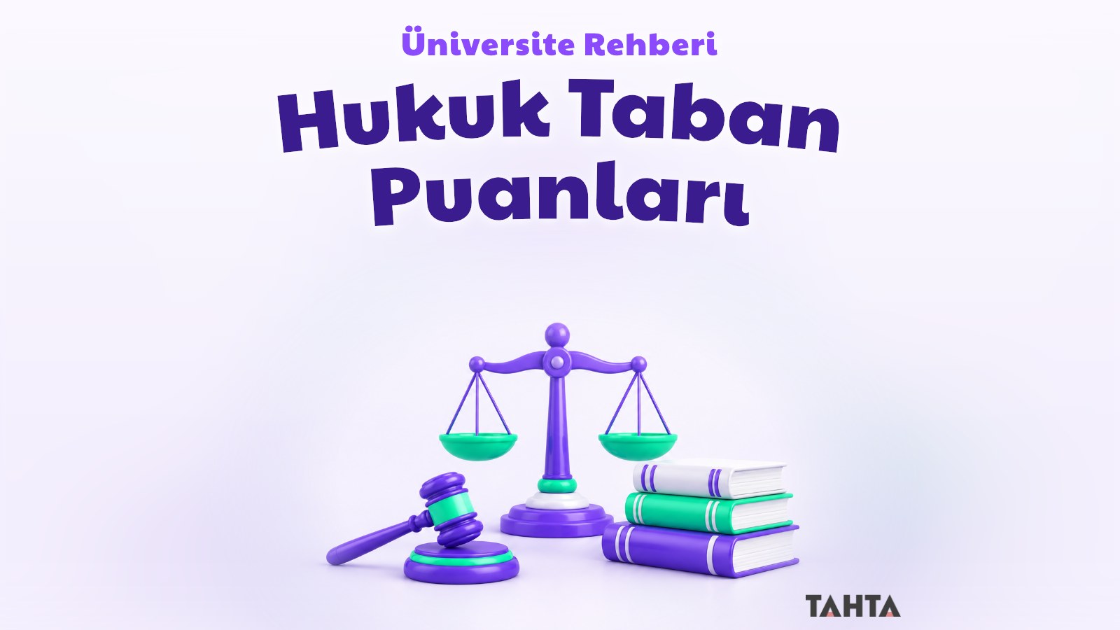 Adalet terazisi, tokmak ve hukuk kitaplarından oluşan mor ve yeşil üç boyutlu kapak görseli