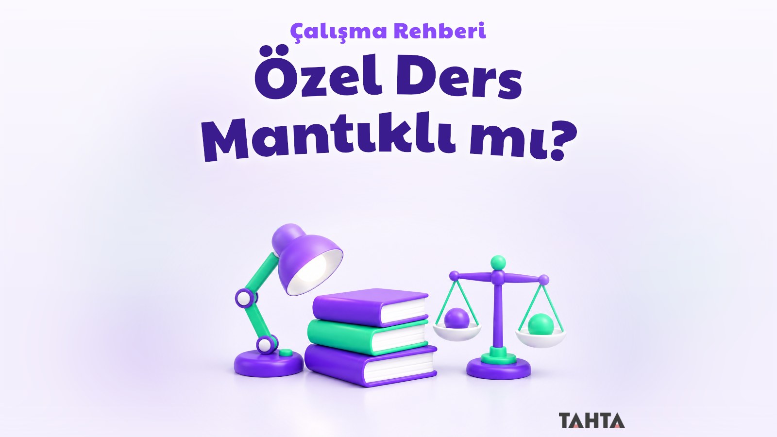 Kitap yığını, masa lambası ve terazi ile özel ders kararını simgeleyen aydınlık kapak görseli