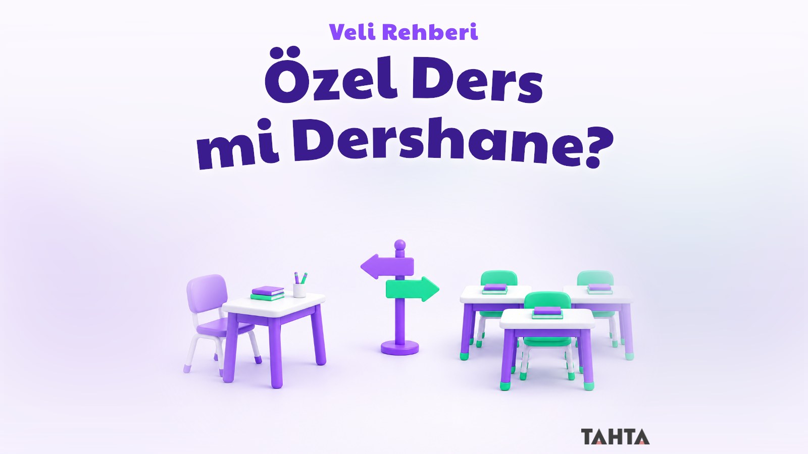 Tek kişilik çalışma masası ile sınıf sıralarını ayıran yön tabelası, özel ders ve dershane seçimi