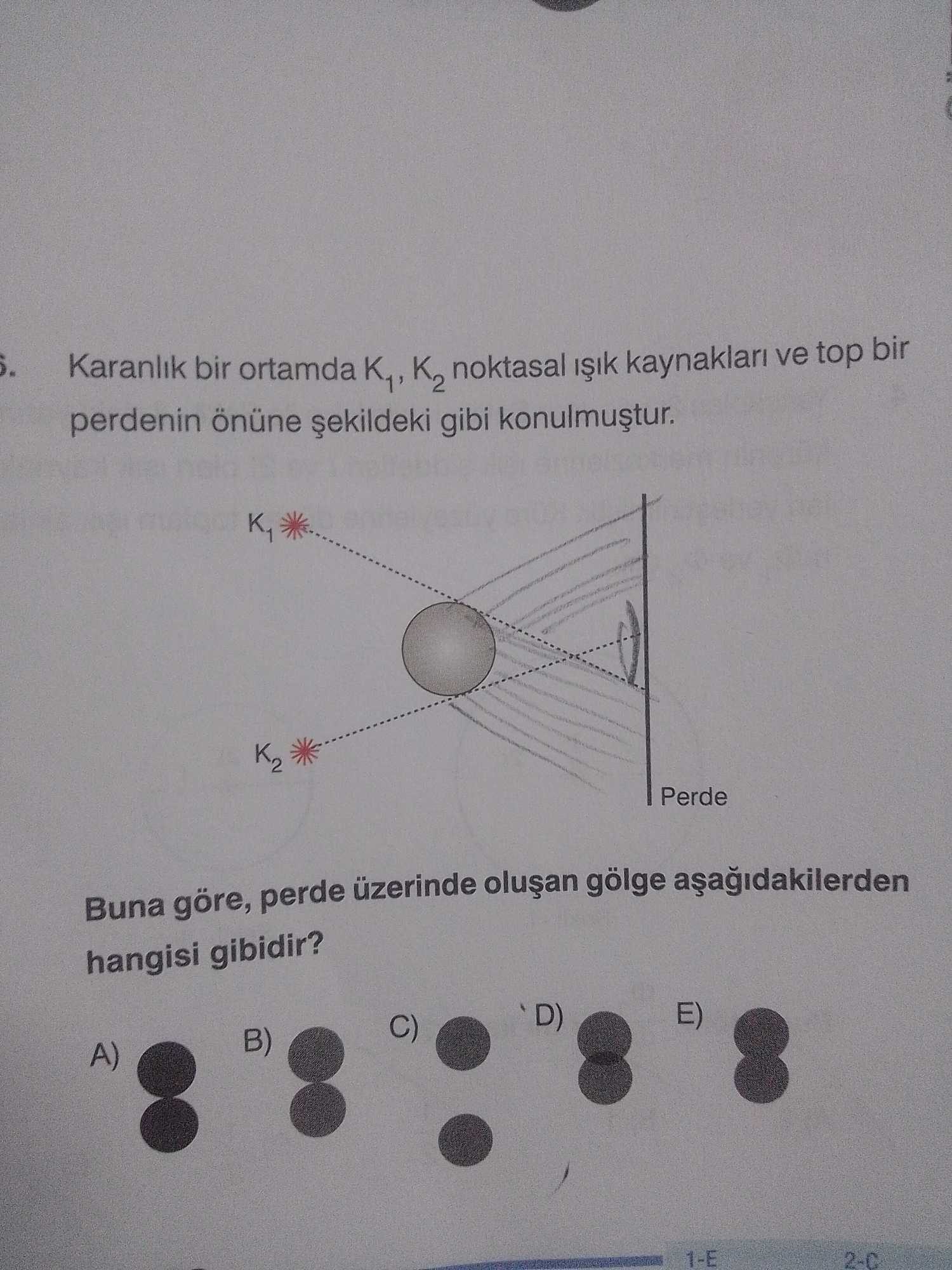 Karanlık bir ortamda K₁, K₂ noktasal ışık kaynakları ve top bir perdenin önüne şekildeki gibi
