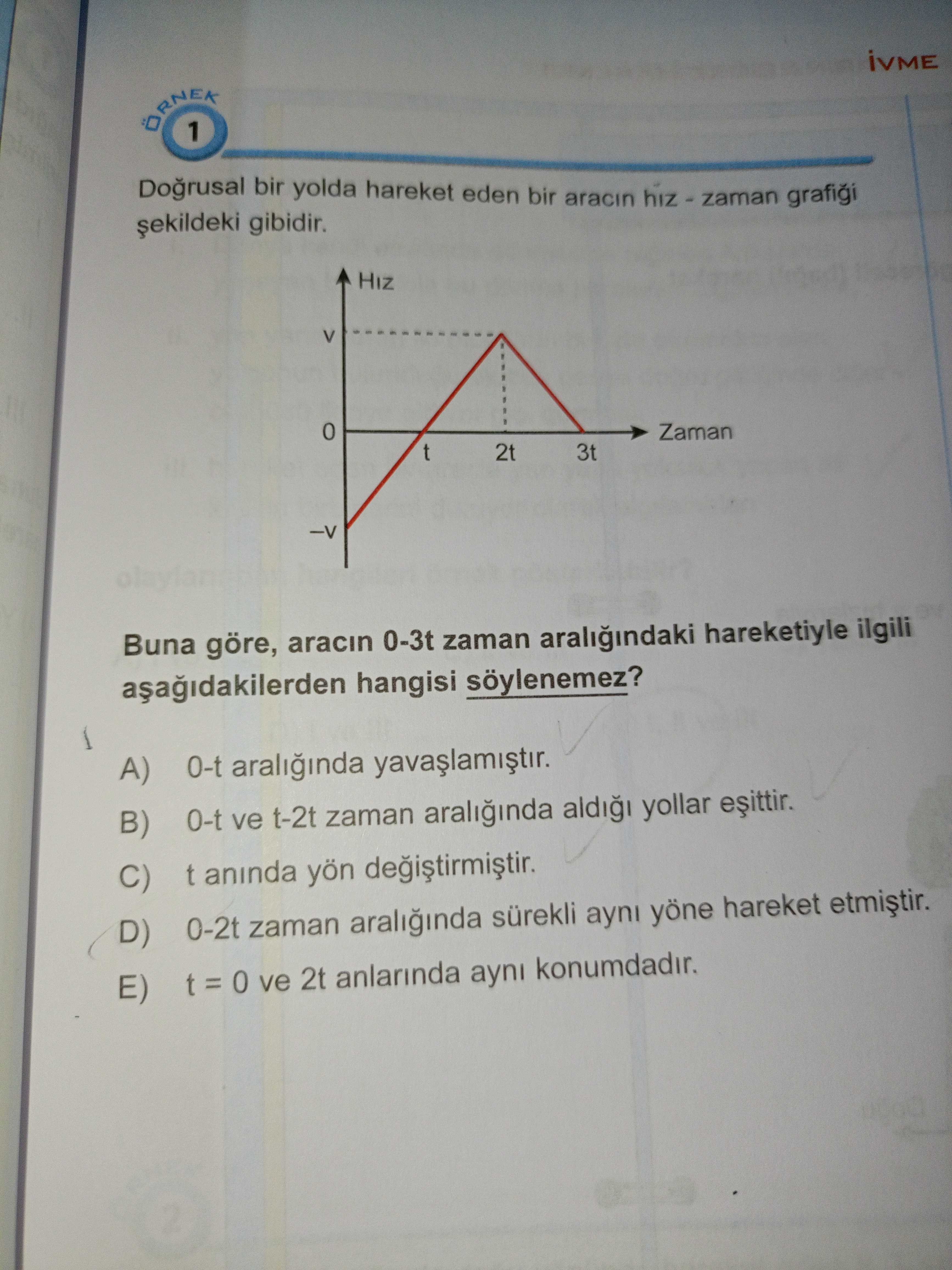 Doğrusal bir yolda hareket eden bir aracın hız - zaman grafiği şekildeki gibidir. Buna göre, aracın