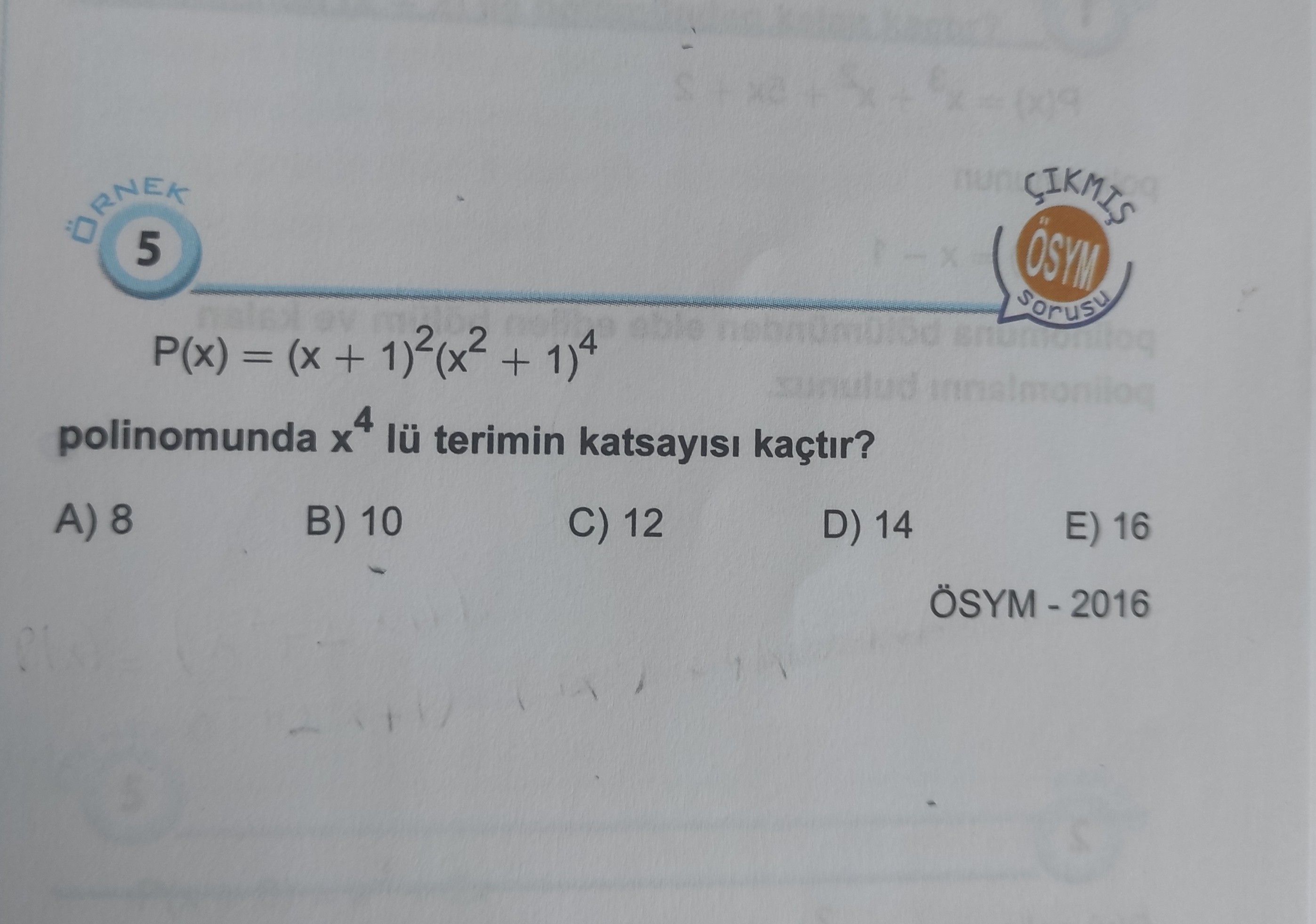 P(x) = (x + 1)²(x² + 1)⁴ polinomunda x⁴ lü terimin katsayısı kaçtır?