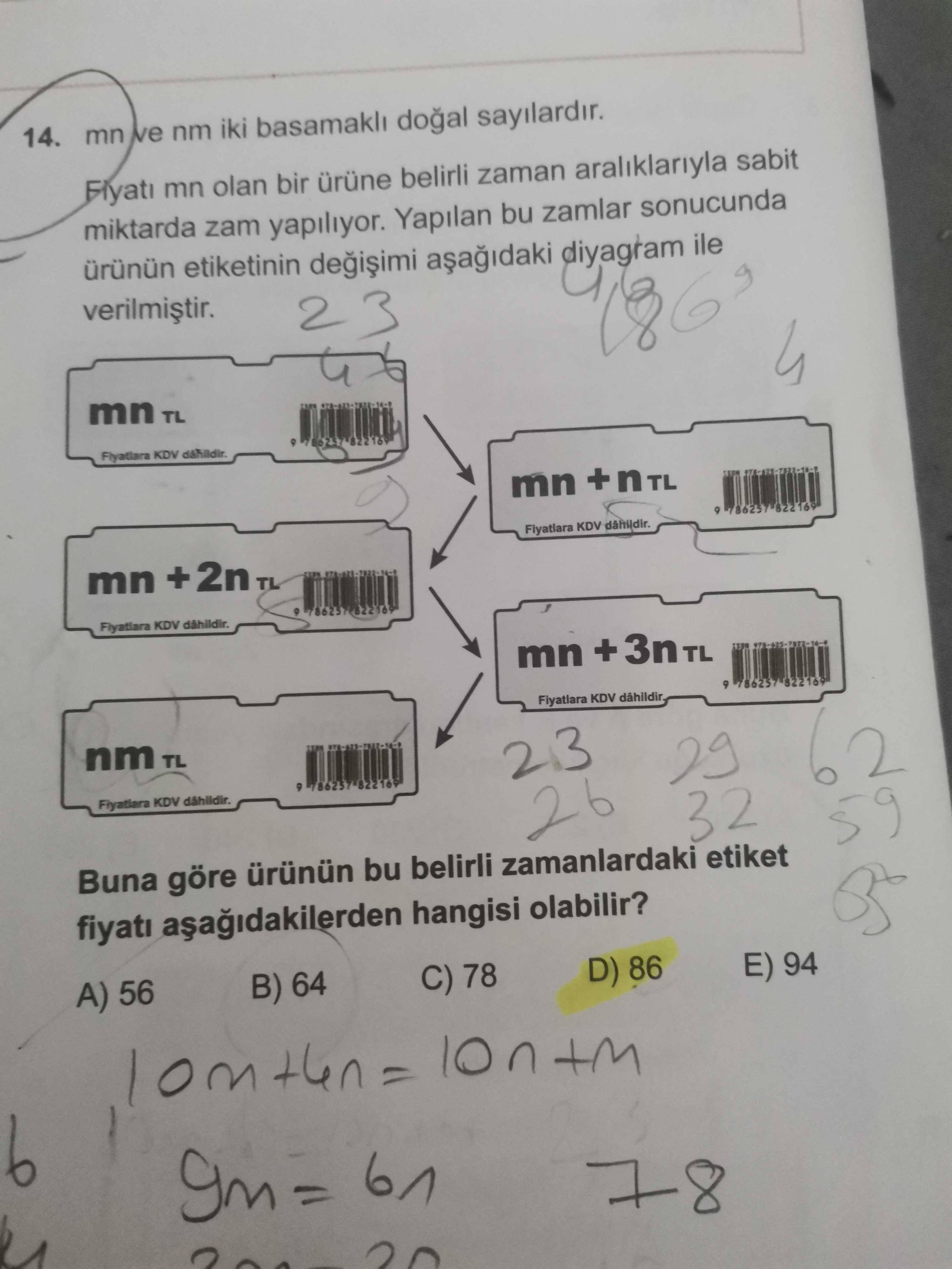 mn ve nm iki basamaklı doğal sayılardır. Fiyatı mn olan bir ürüne belirli zaman aralıklarıyla sabit