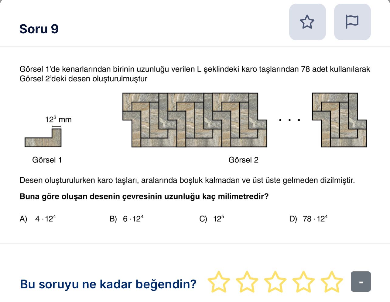 Görsel 1'de kenarlarından birinin uzunluğu verilen L şeklindeki karo taşlarından 78 adet