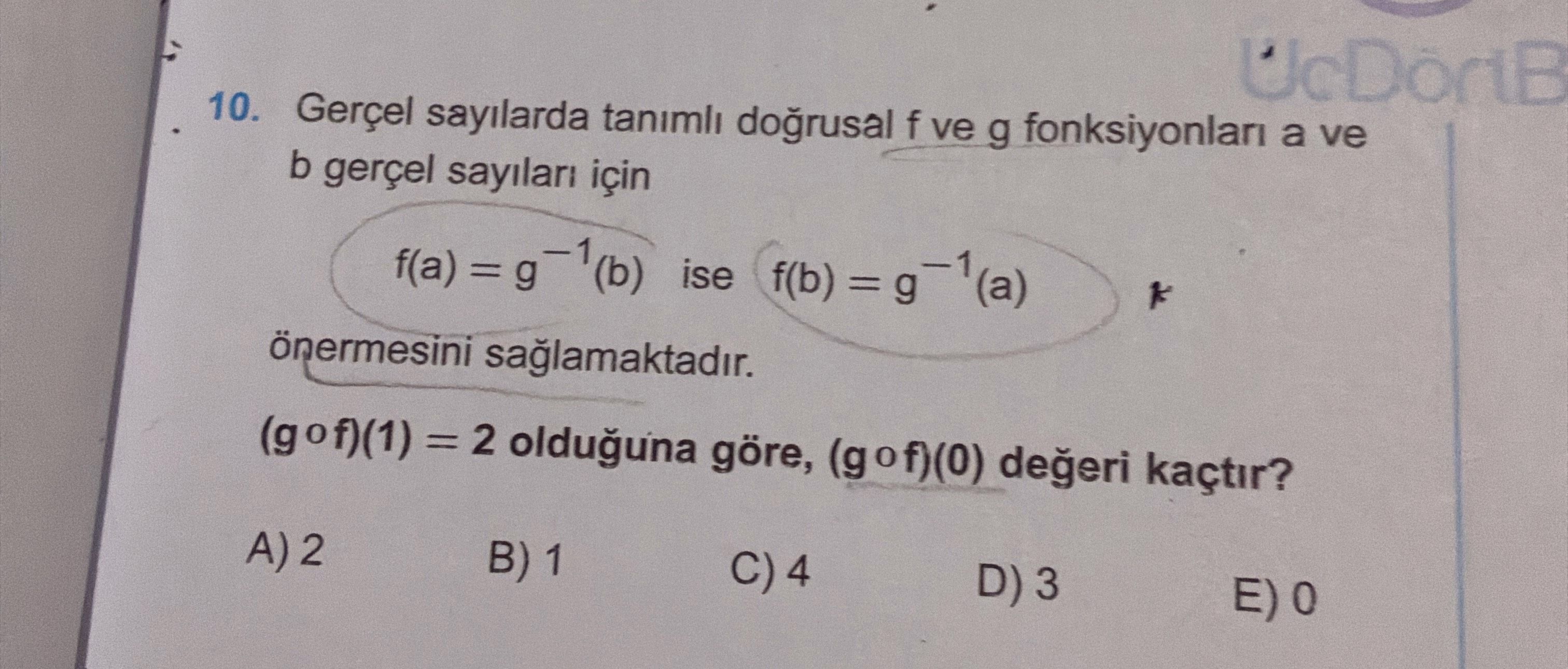 Gerçel sayılarda tanımlı doğrusal f ve g fonksiyonları a ve b gerçel sayıları için f(a) = g⁻¹(b) ise