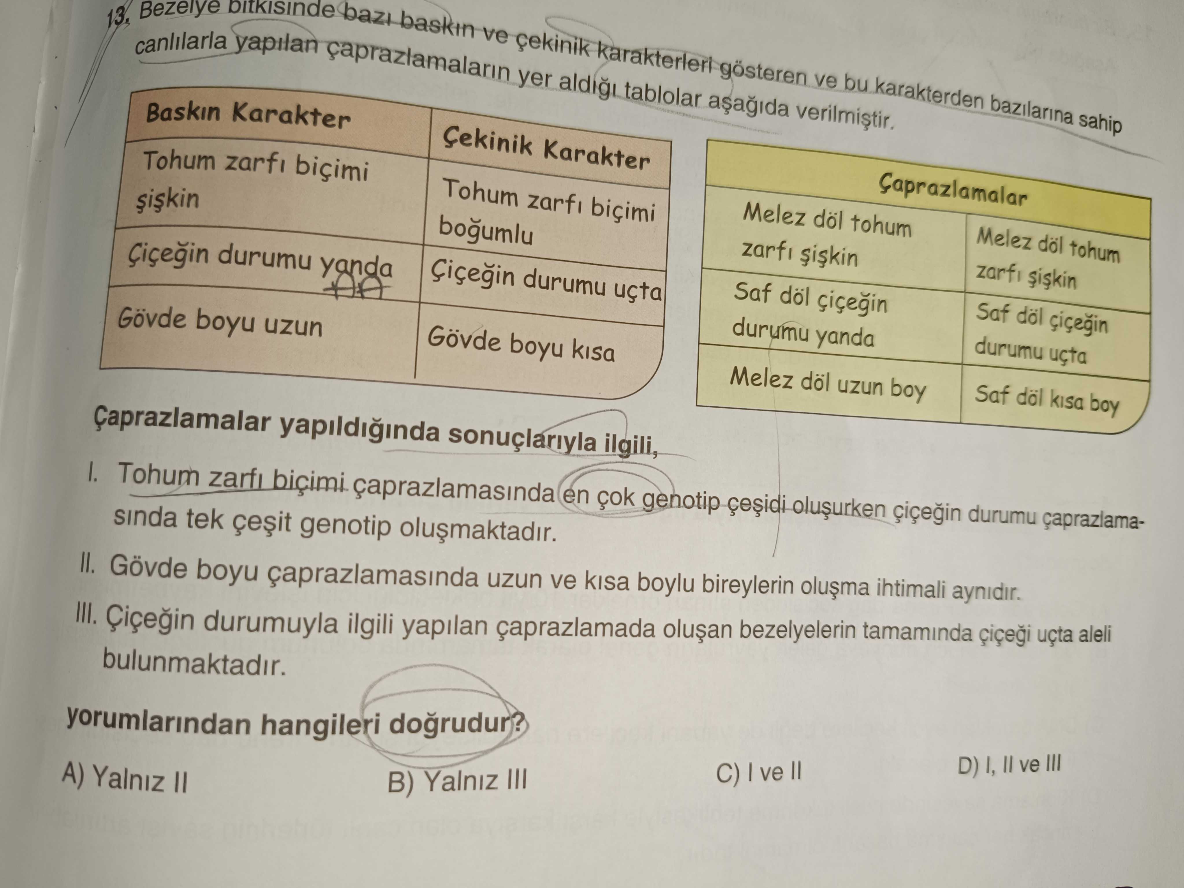 Baskin ve çekinik karakterleri gösteren ve bu karakterden bazilarina sahip canlilarla Bezelye yapilan yer tablolar Baskin