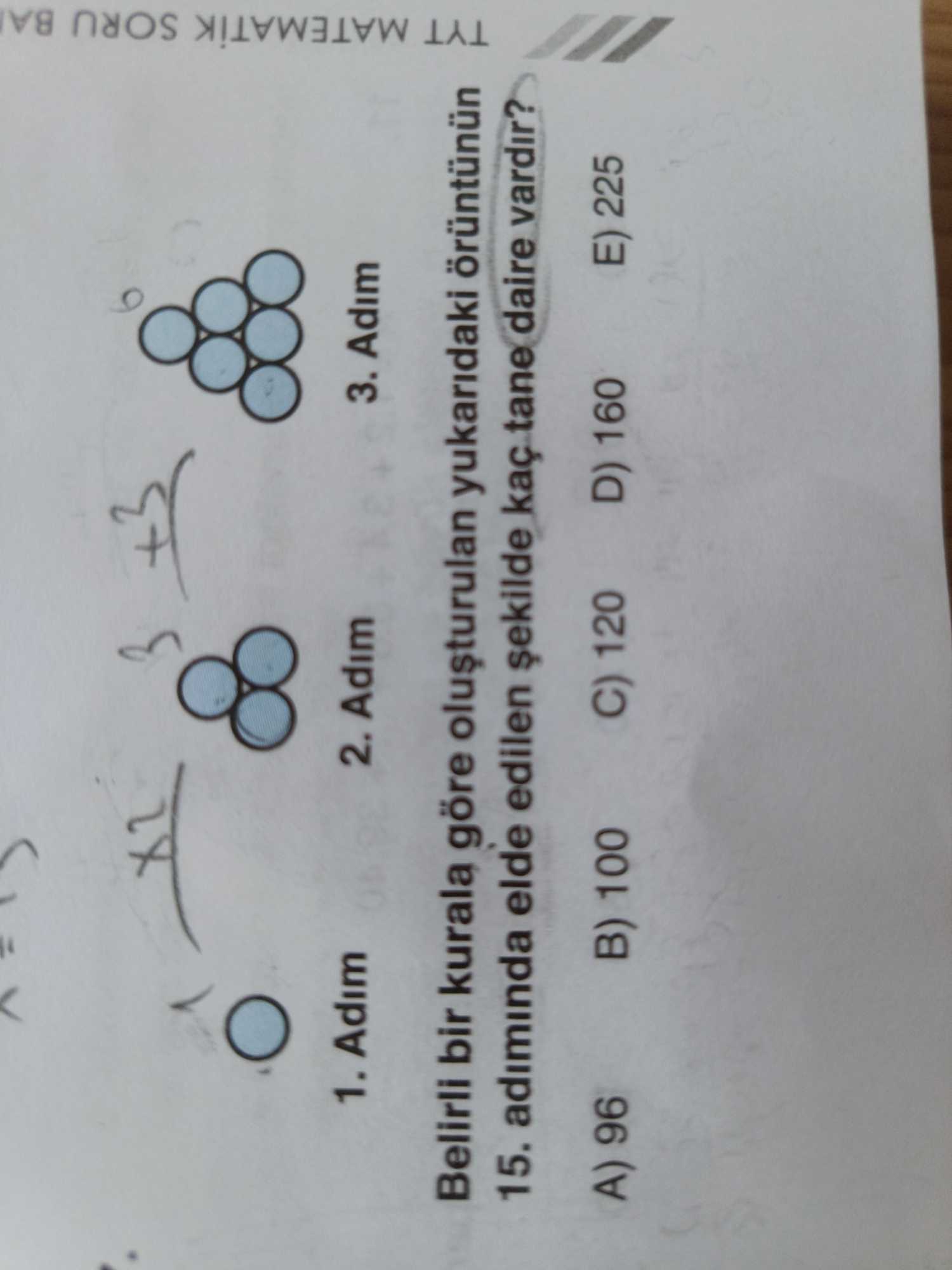 Belirli bir kurala göre oluşturulan yukarıdaki örüntünün 15. adımında elde edilen şekilde kaç tane