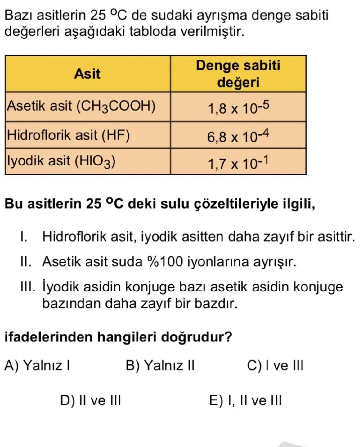 Bazı asitlerin 25 ºC de sudaki ayrışma denge sabiti değerleri aşağıdaki tabloda verilmiştir. Asit |