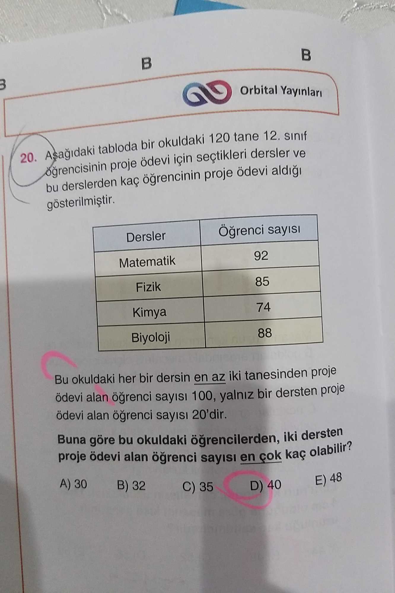 Aşağıdaki tabloda bir okuldaki 120 tane 12. sınıf öğrencisinin proje ödevi için seçtikleri dersler