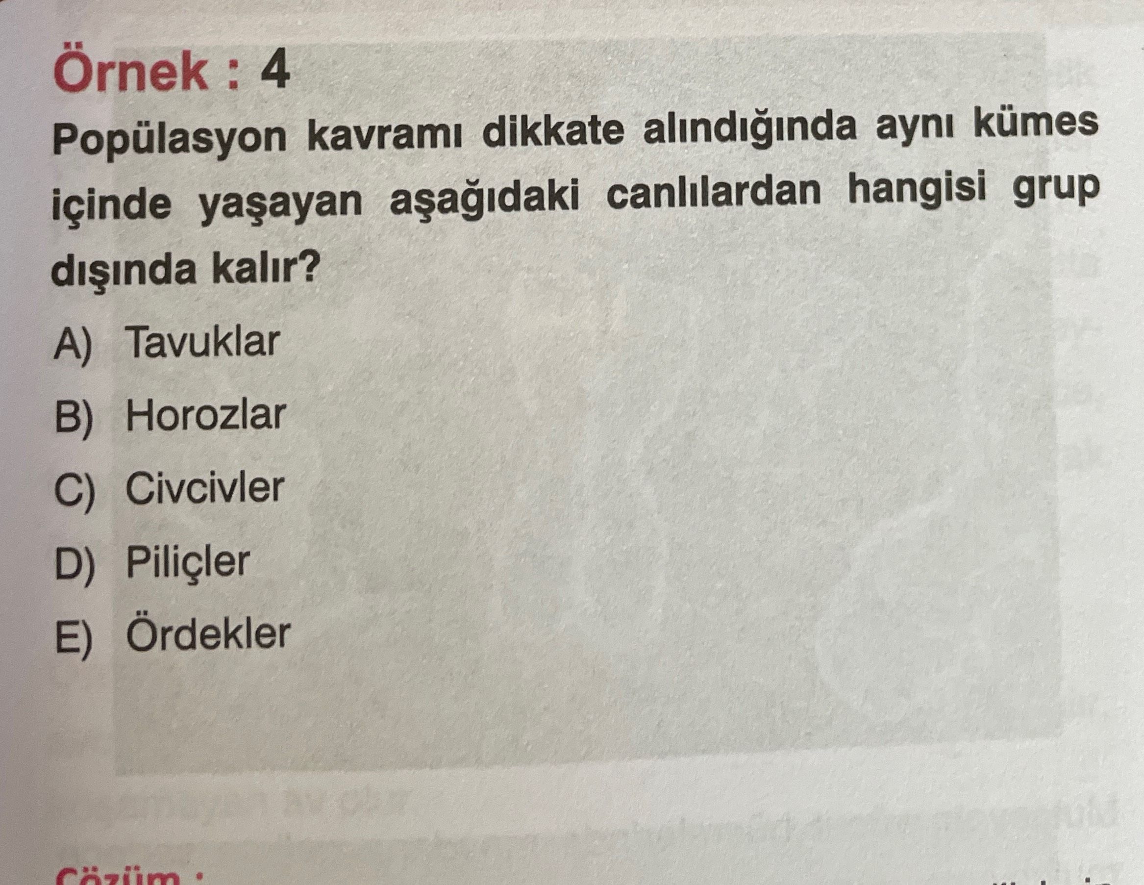 Popülasyon kavramı dikkate alındığında aynı kümes içinde yaşayan aşağıdaki canlılardan hangisi grup