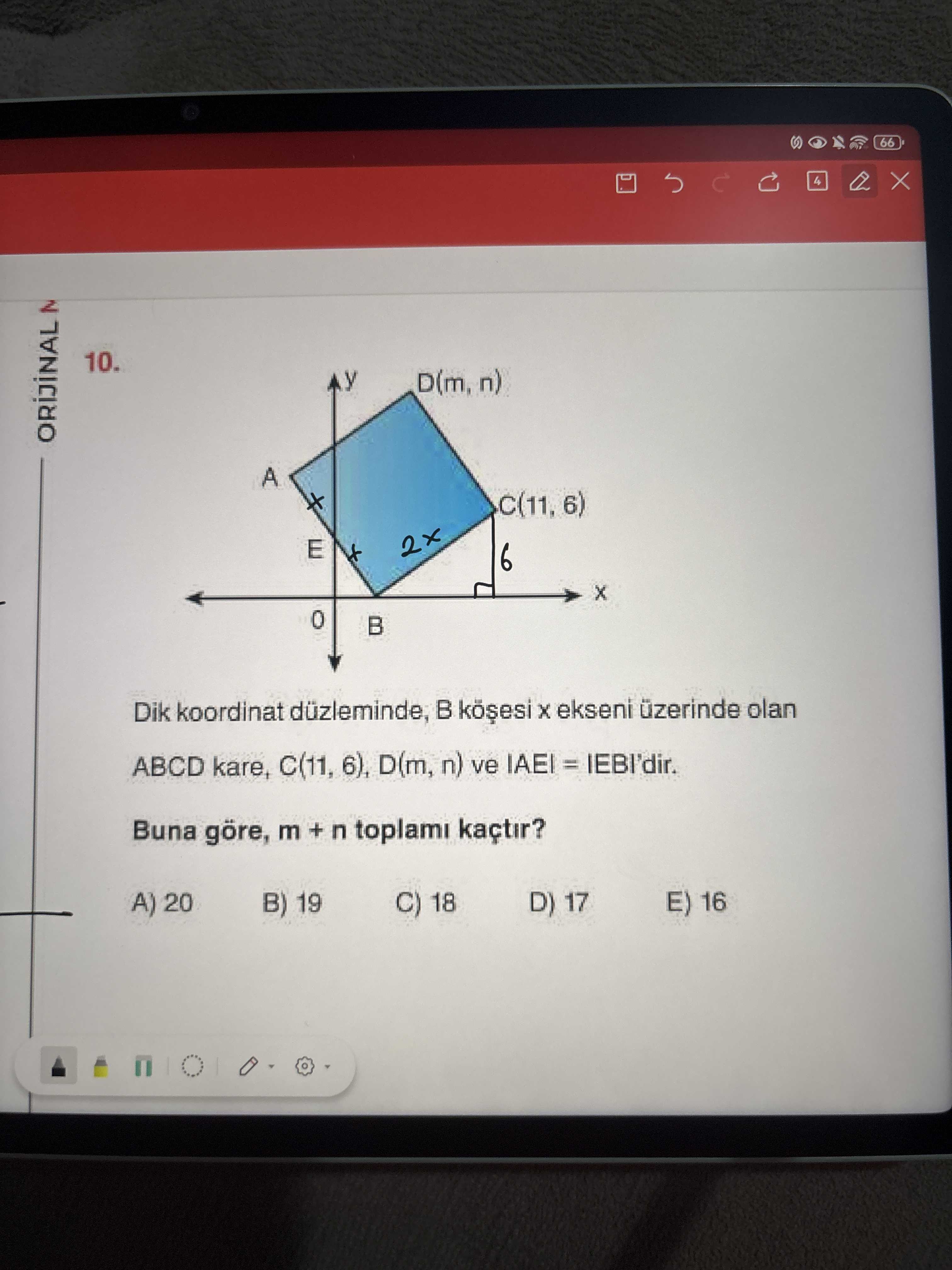 Dik koordinat düzleminde, B köşesi x ekseni üzerinde olan ABCD kare, C(11, 6), D(m, n) ve |AE| =