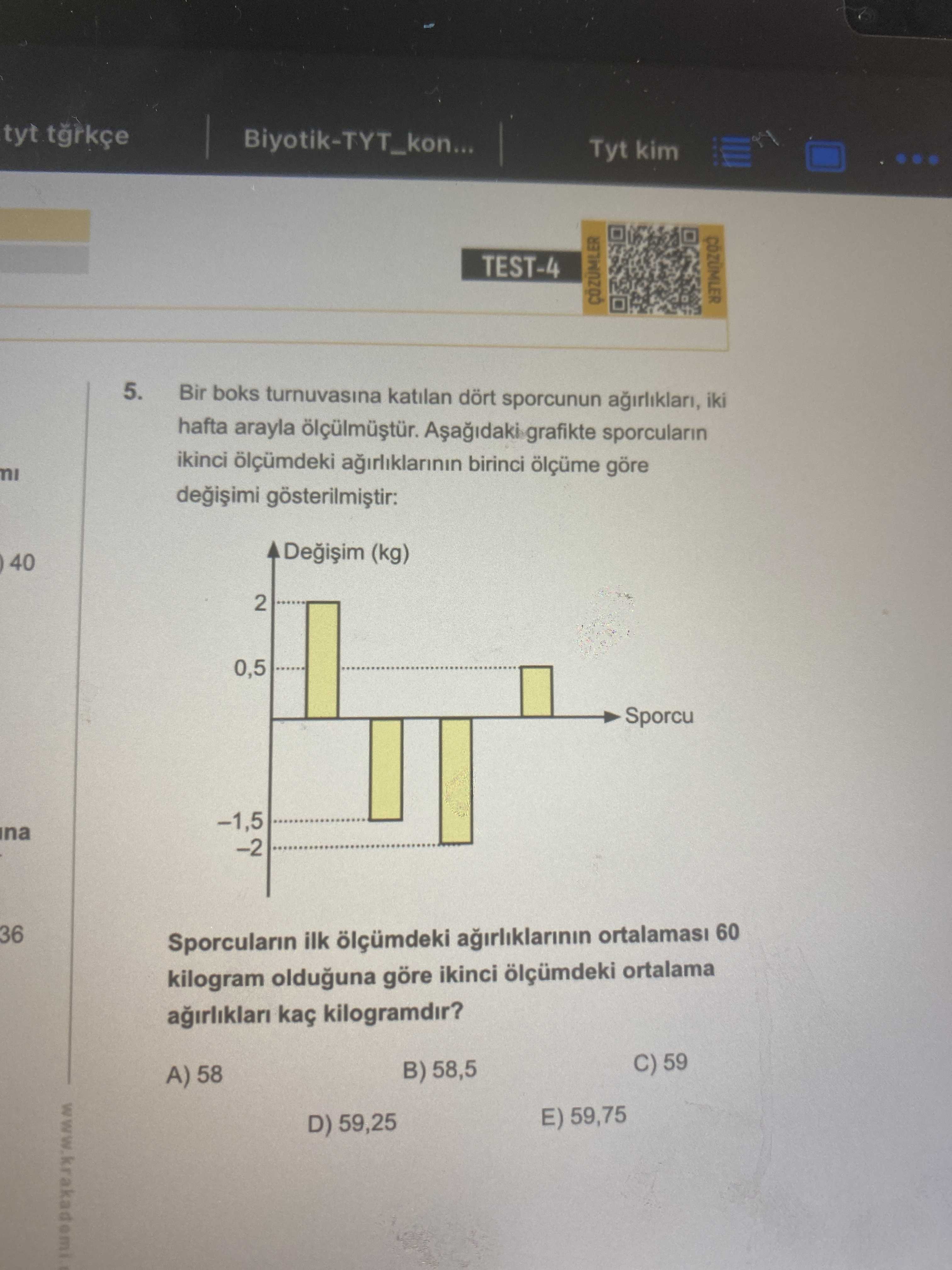 Bir boks turnuvasına katılan dört sporcunun ağırlıkları, iki hafta arayla ölçülmüştür. Aşağıdaki