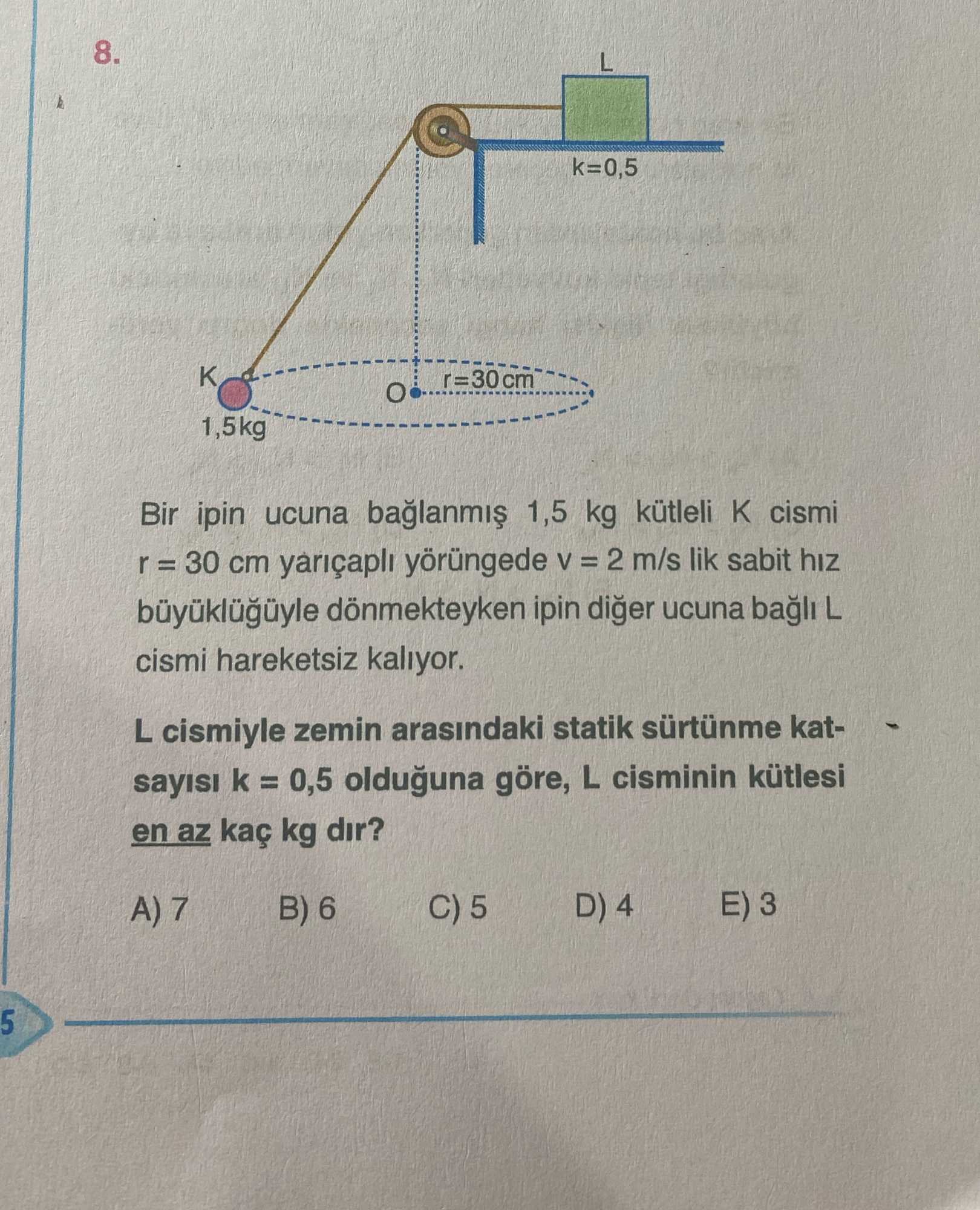 Bir ipin ucuna bağlanmış 1,5 kg kütleli K cismi r = 30 cm yarıçaplı yörüngede v = 2 m/s lik sabit