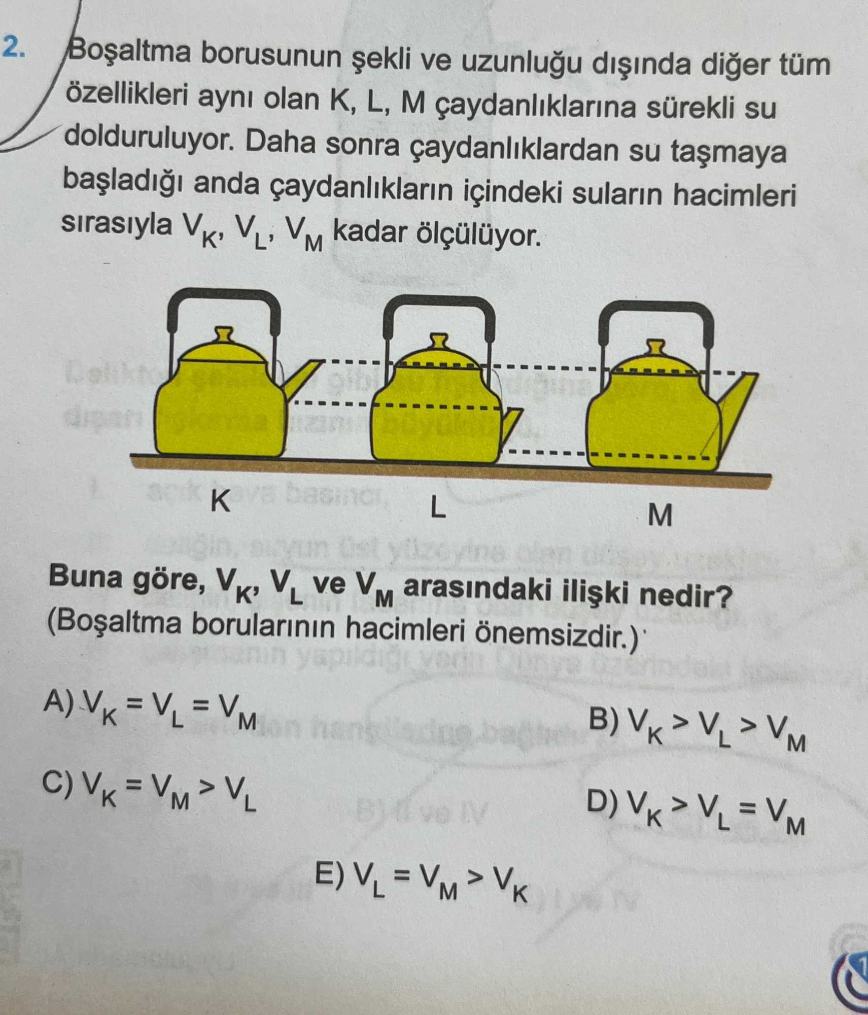 Boşaltma borusunun şekli ve uzunluğu dışında diğer tüm özellikleri aynı olan K, L, M çaydanlıklarına