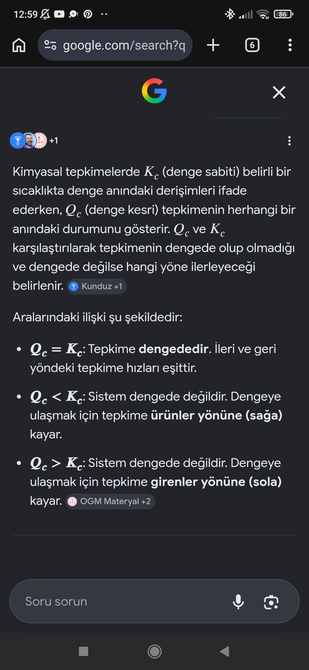 Kimyasal tepkimelerde Kc (denge sabiti) belirli bir sıcaklıkta denge anındaki derişimleri ifade