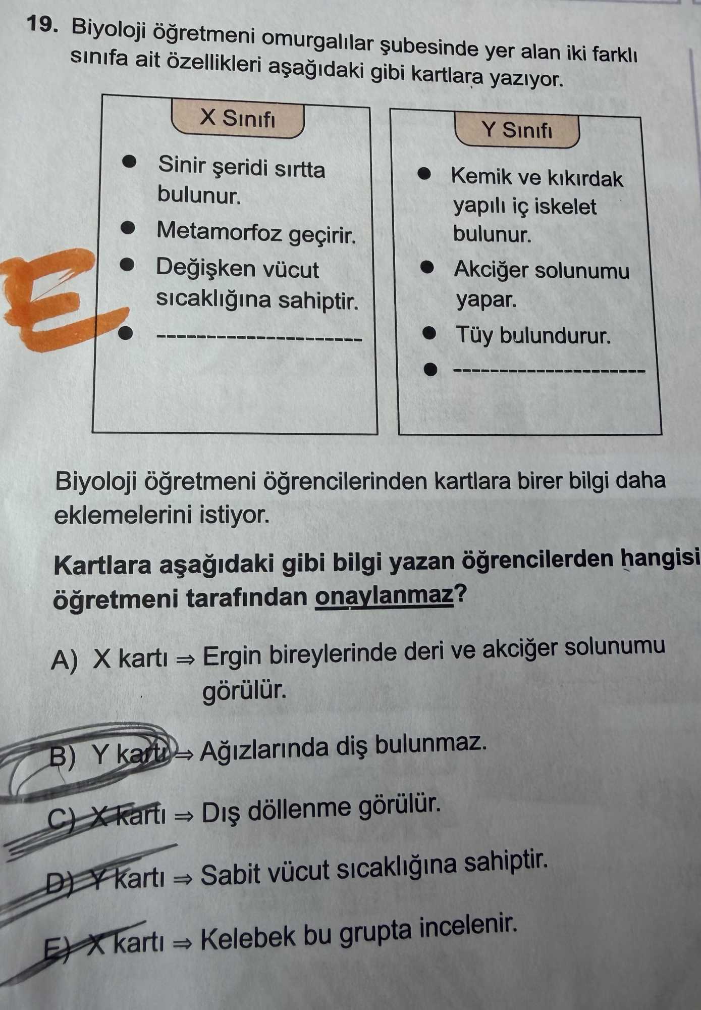 Biyoloji öğretmeni omurgalılar şubesinde yer alan iki farklı sınıfa ait özellikleri aşağıdaki gibi