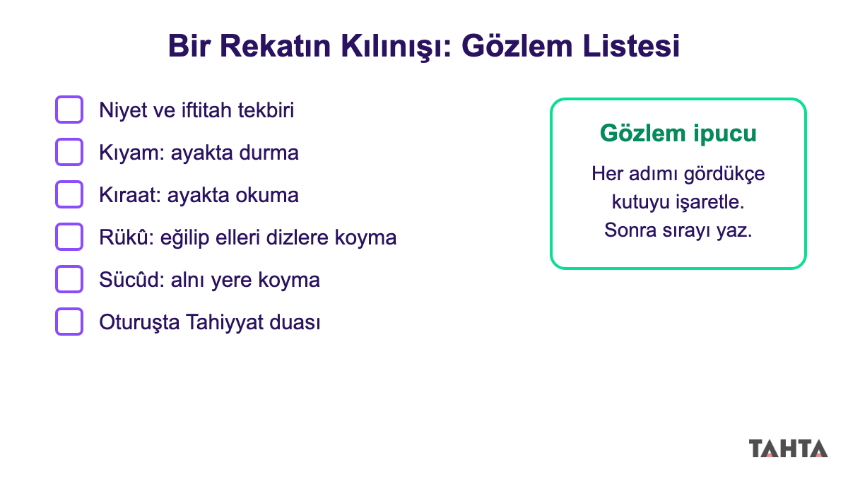 Bir rekatın kılınışını adım adım işaretlemek için kutucuklu 5. sınıf gözlem listesi