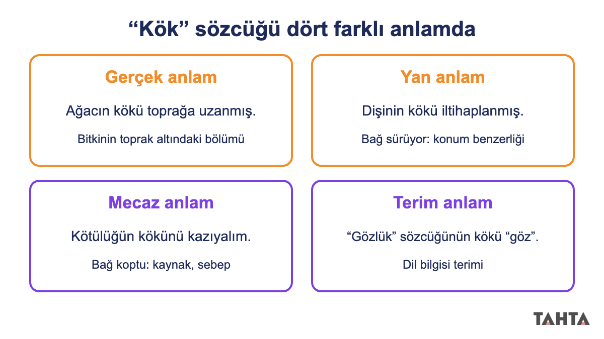 Kök sözcüğünün gerçek, yan, mecaz ve terim anlamda kullanıldığı dört örnek cümle