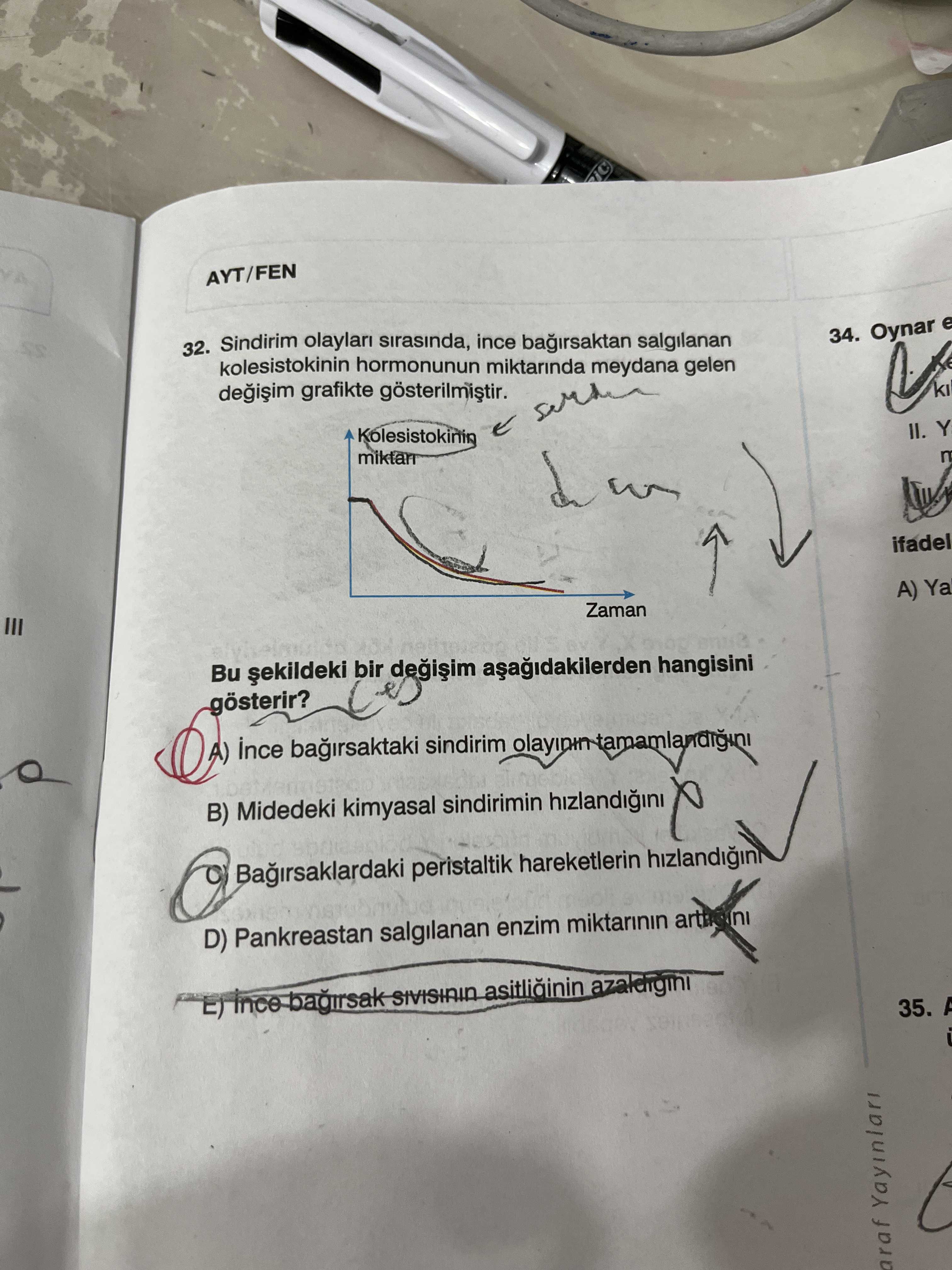 Sindirim olayları sırasında, ince bağırsaktan salgılanan kolesistokinin hormonunun miktarında