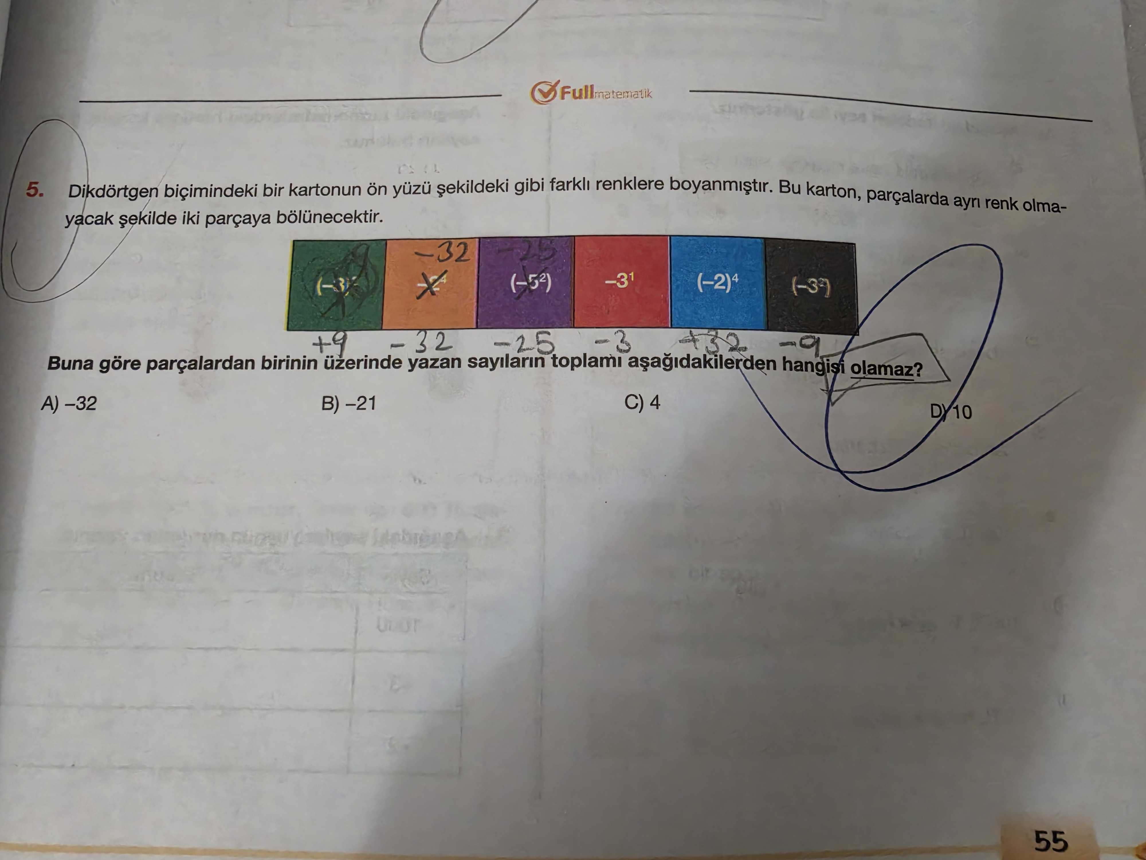 Dikdörtgen biçimindeki bir kartonun ön yüzü şekildeki gibi farklı renklere boyanmıştır. Bu karton