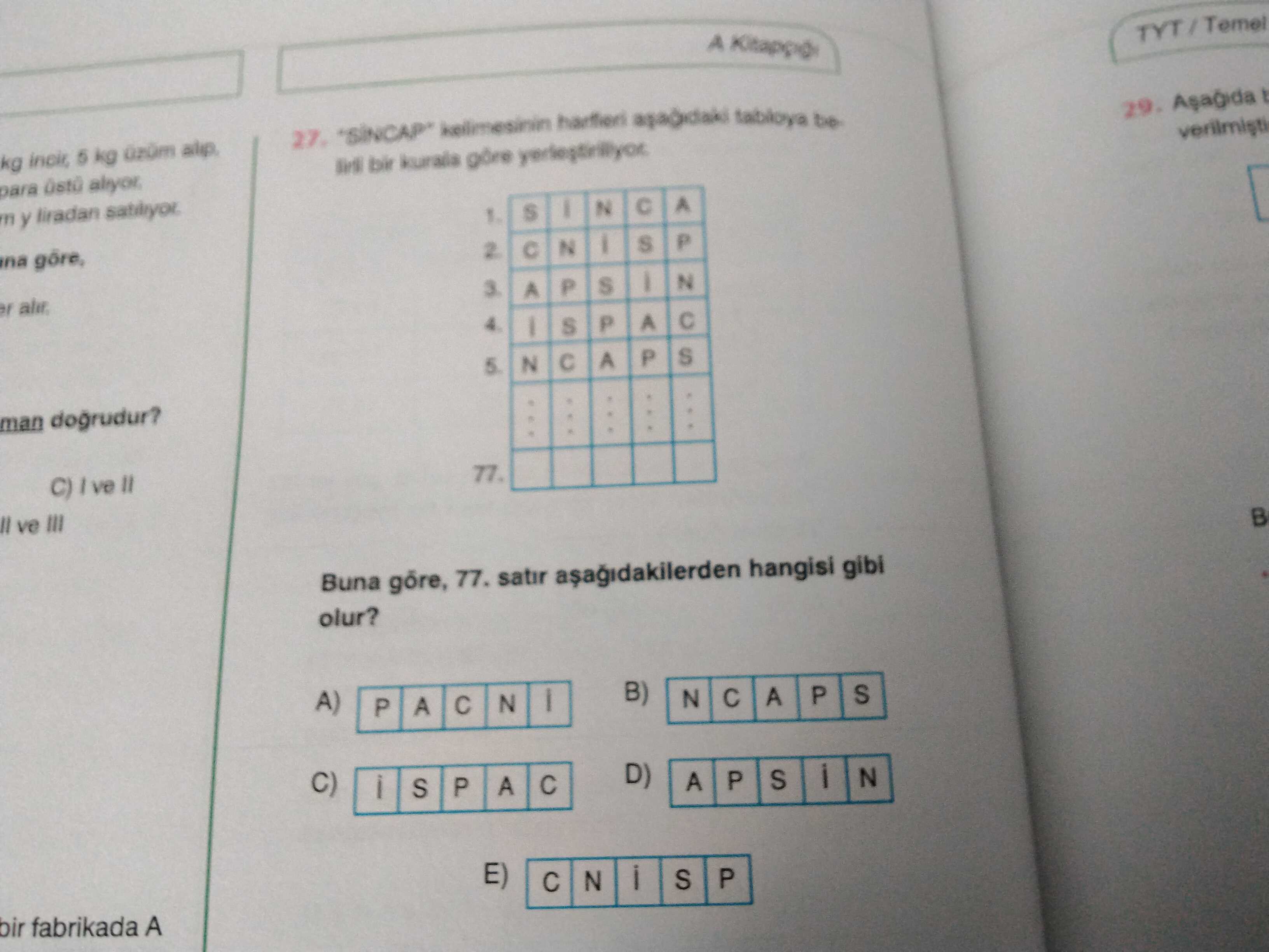 TYT/Temel A 29. 27. tabloya be verilmisti kg 5 kg bir para N A m y N P A P N 4 S P A N A P S man dogrudur. : 77. ve III Buna 77. satir hangisi gibi olur. B) N A P S A) P A N D) A P S N C) S P A E) N i S P bir fabrikada A TYT/Temel A 29. B) N A P S A) P A N D) A P S N C) S P A E) N i S P bir fabrikada A. ?? Model.Question.title