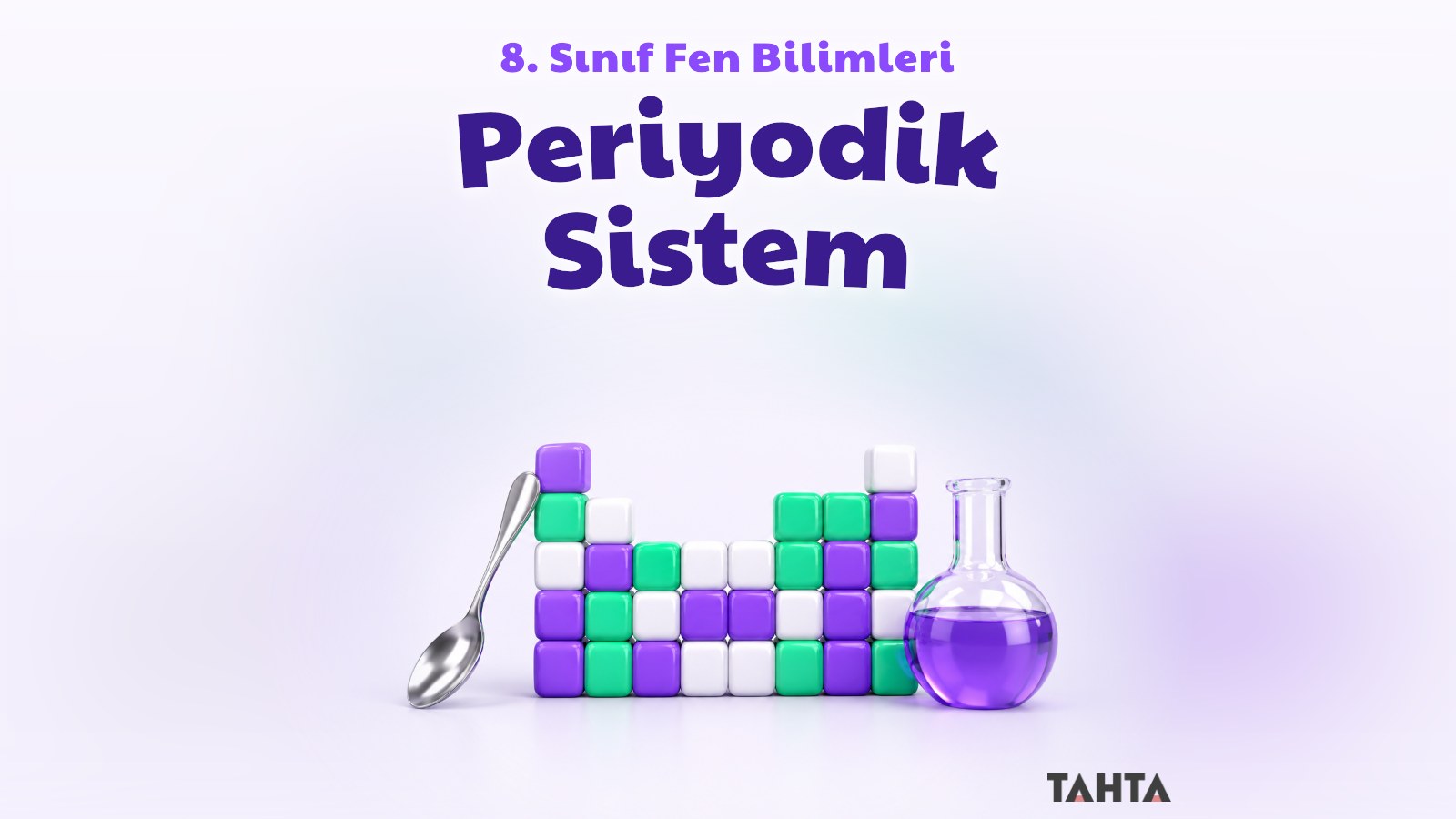 Periyodik tablo biçiminde dizilmiş mor ve yeşil küpler, metal kaşık ve cam balon
