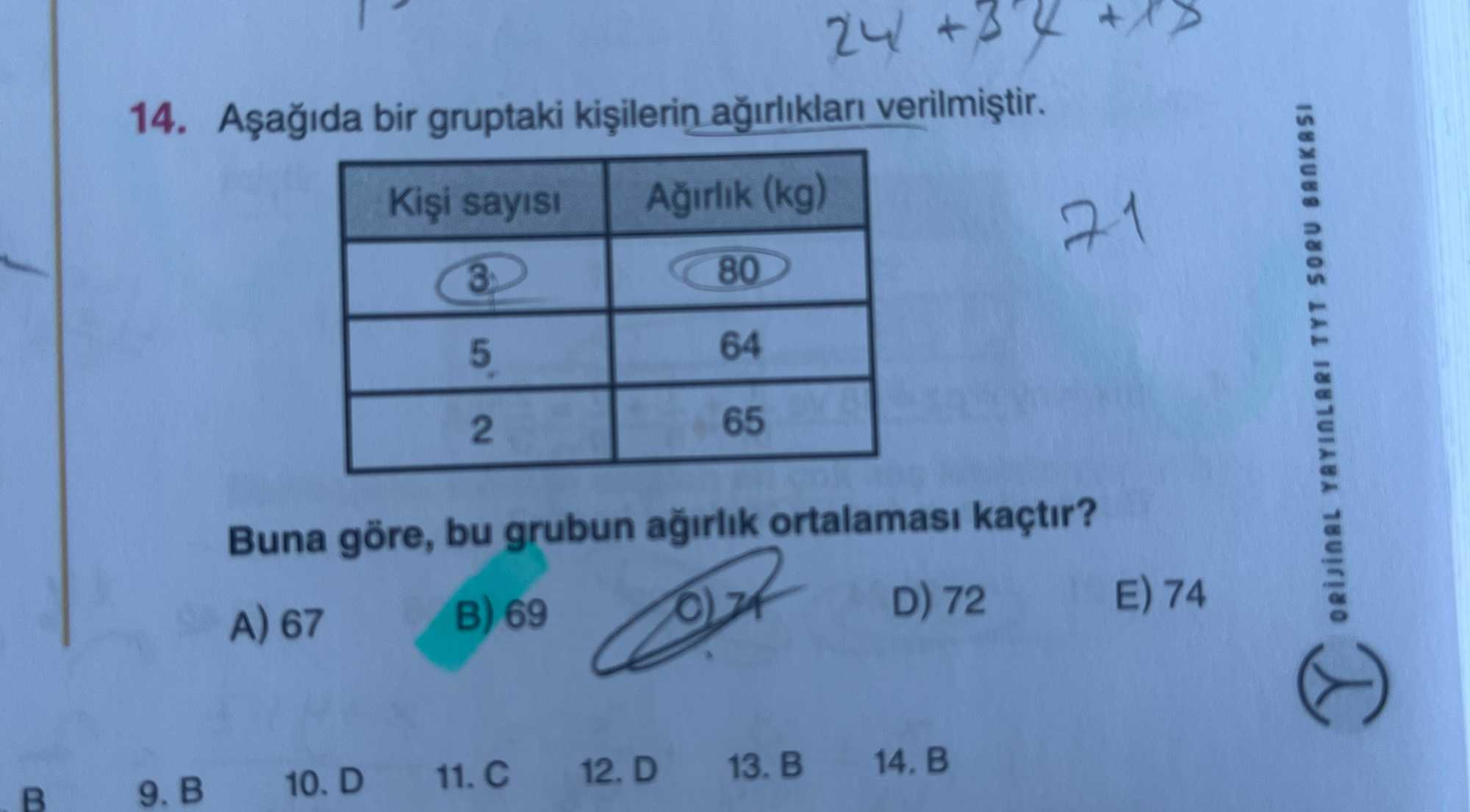 Aşağıda bir gruptaki kişilerin ağırlıkları verilmiştir. Kişi sayısı | Ağırlık (kg) 3 | 80 5 | 64 2 |