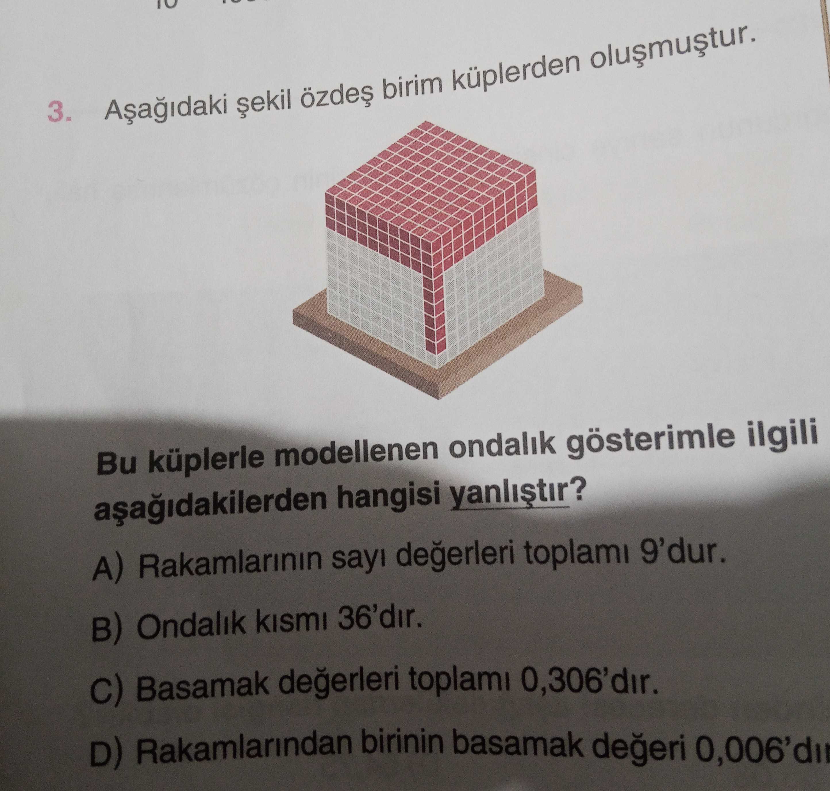Aşağıdaki şekil özdeş birim küplerden oluşmuştur. Bu küplerle modellenen ondalık gösterimle ilgili