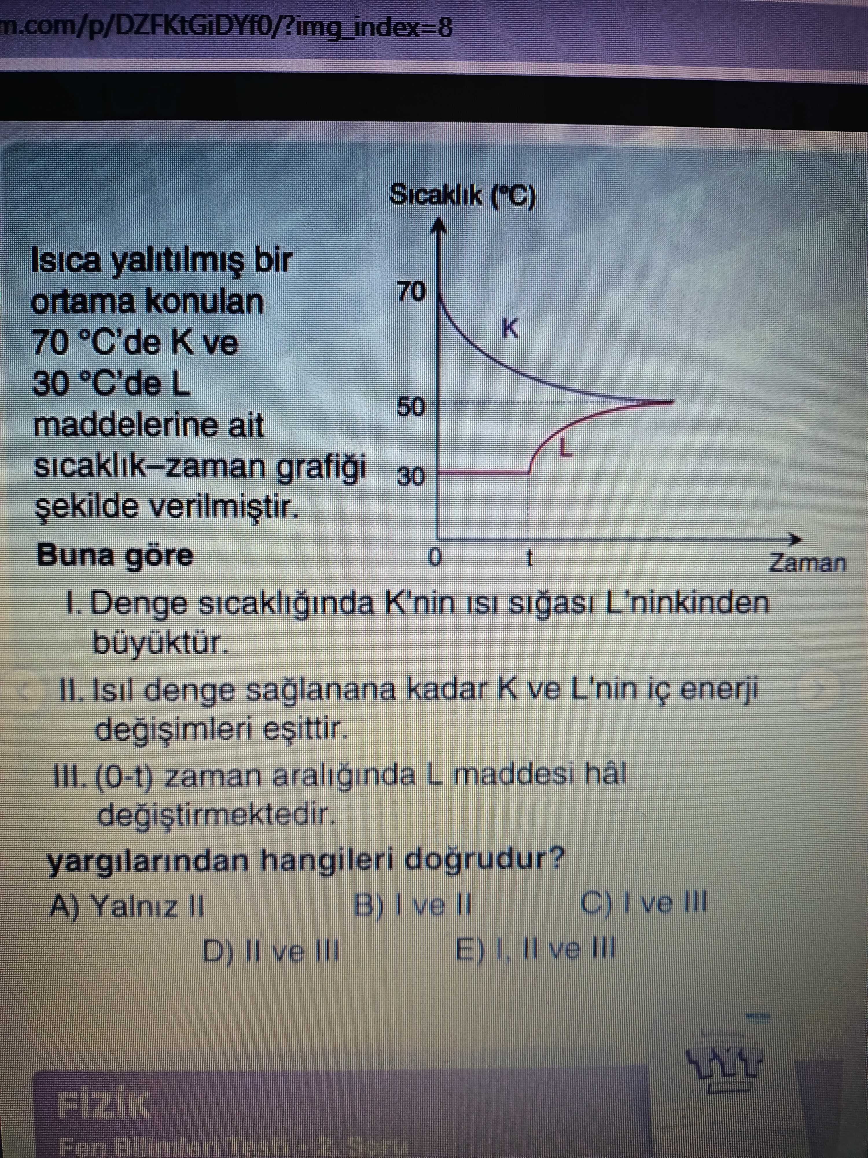 Isıca yalıtılmış bir ortama konulan 70 °C'de K ve 30 °C'de L maddelerine ait sıcaklık–zaman grafiği