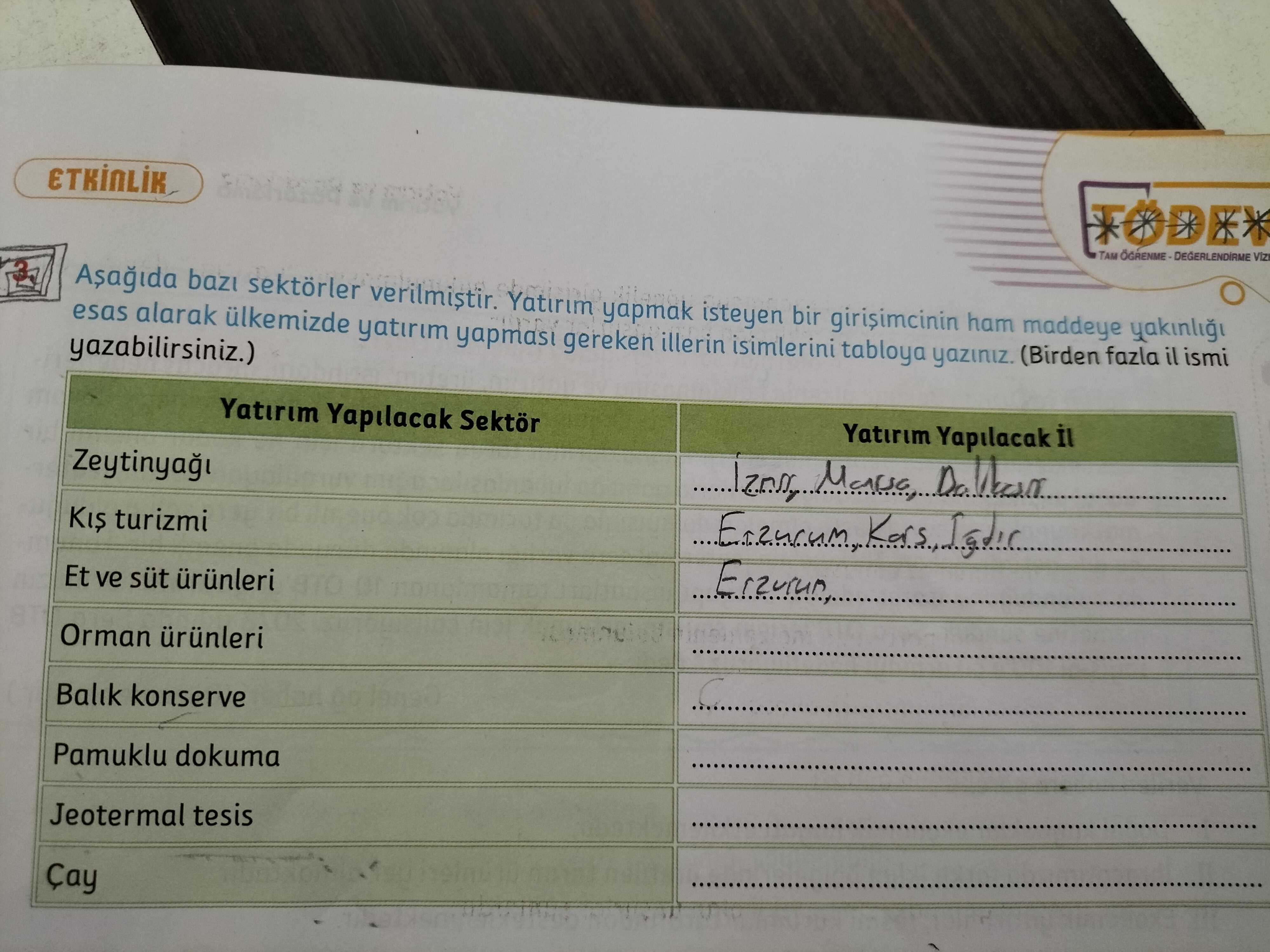 TAM verilmistir. Yatirim yapmak isteyen bir girisimcinin ham maddeye yakinli il esas alarak ülkemizde yatirim gereken illerin isimlerini tabloya yaziniz. (Birden fazla ismi yazabilirsiniz. ) Yatirim Yapilacak Sektör Yatirim Yapilacak Zeytinya KIS turizmi Et ve süt Orman Balik konserve Pamuklu dokuma Jeotermal tesis Çay TAM verilmistir. ) Yatirim Yapilacak Sektör Yatirim Yapilacak Zeytinya KIS turizmi Et ve süt Orman Balik konserve Pamuklu dokuma Jeotermal tesis Çay. ?? Model.Question.title