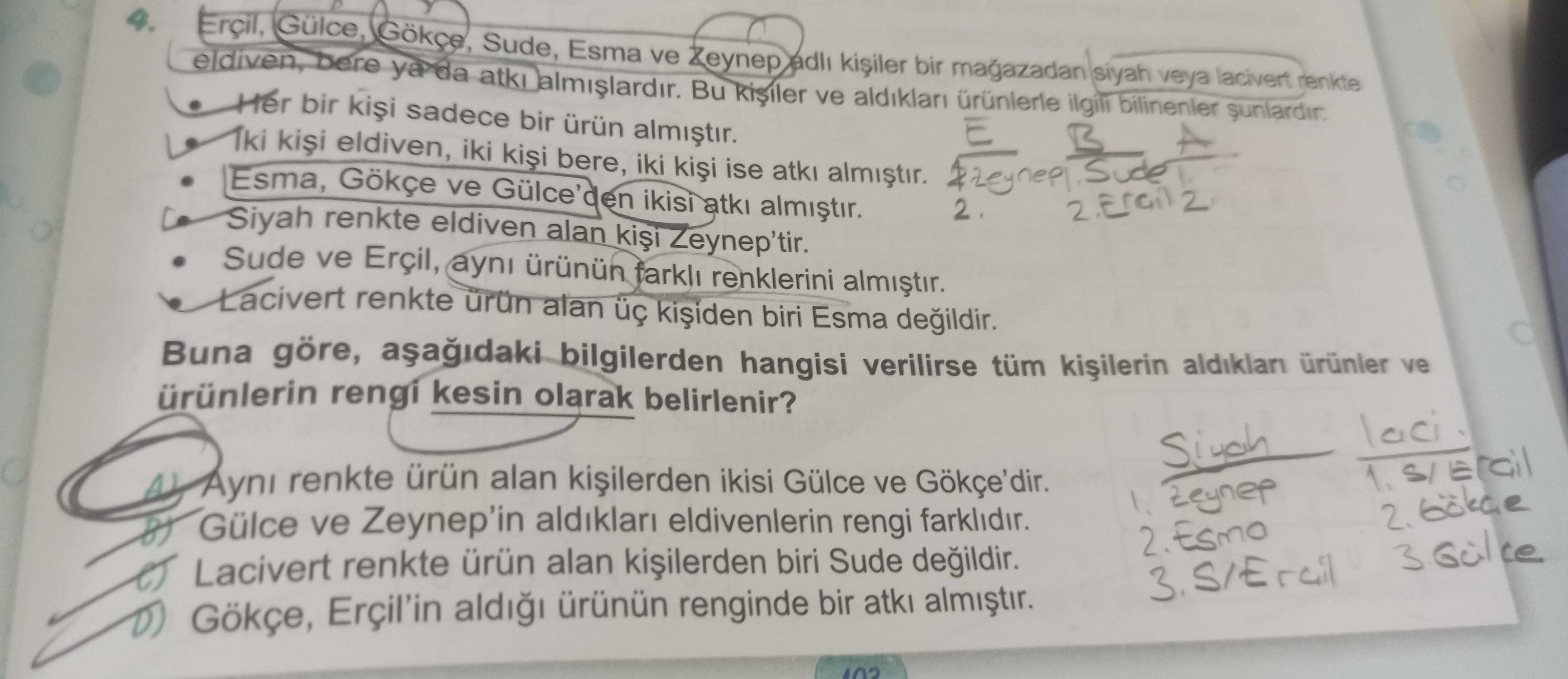 Erçil, Gülce, Gökçe, Sude, Esma ve Zeynep adlı kişiler bir mağazadan siyah veya lacivert renkte