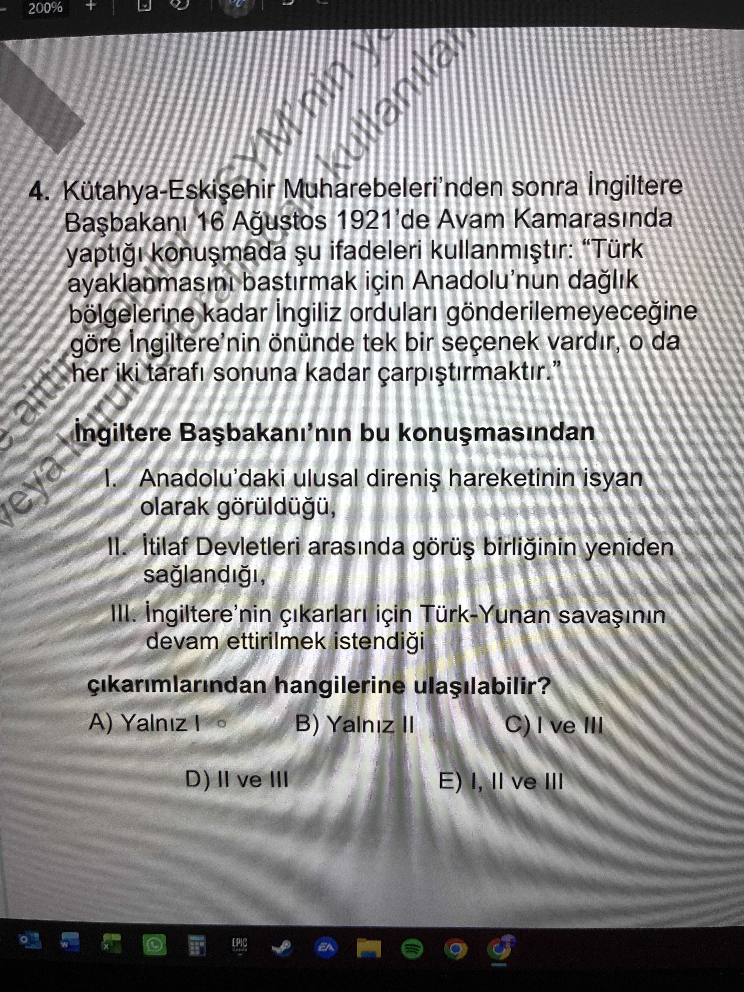 Kütahya-Eskişehir Muharebeleri'nden sonra İngiltere Başbakanı 16 Ağustos 1921'de Avam Kamarasında