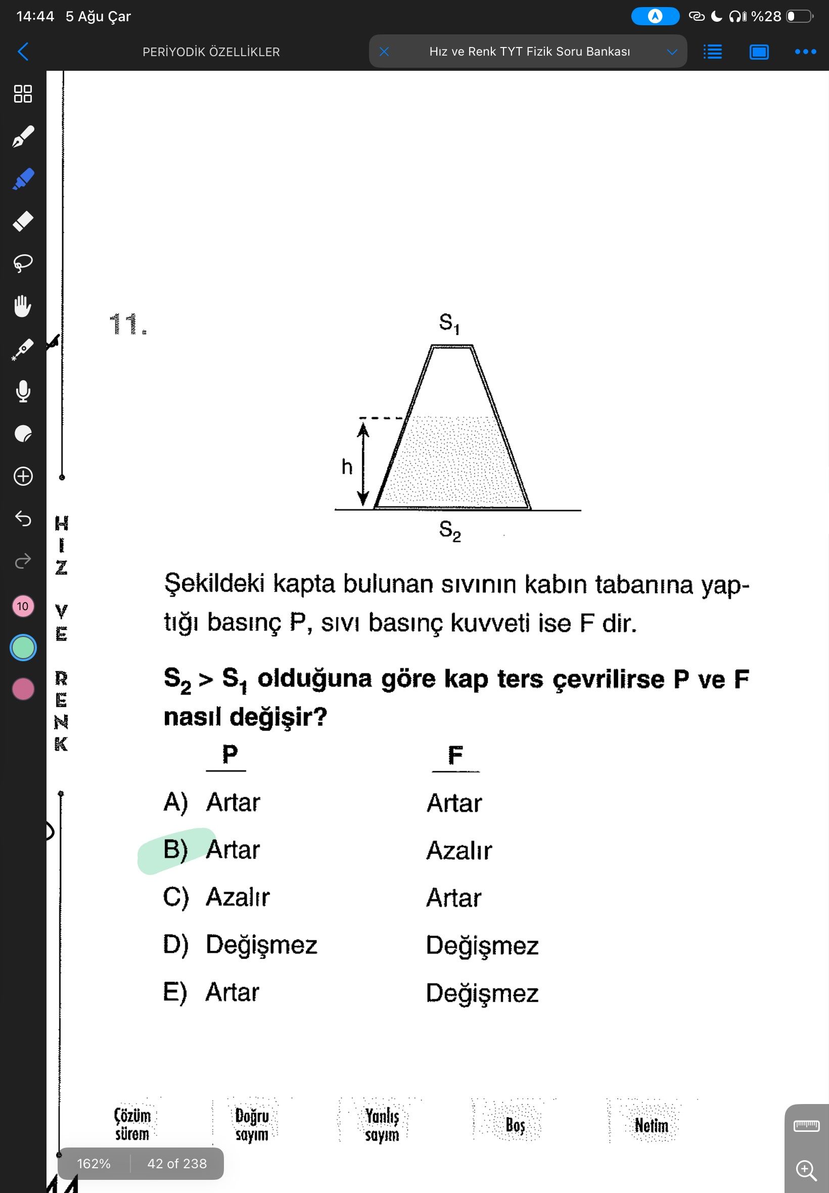 Şekildeki kapta bulunan sıvının kabın tabanına yaptığı basınç P, sıvı basınç kuvveti ise F dir. S₂ >