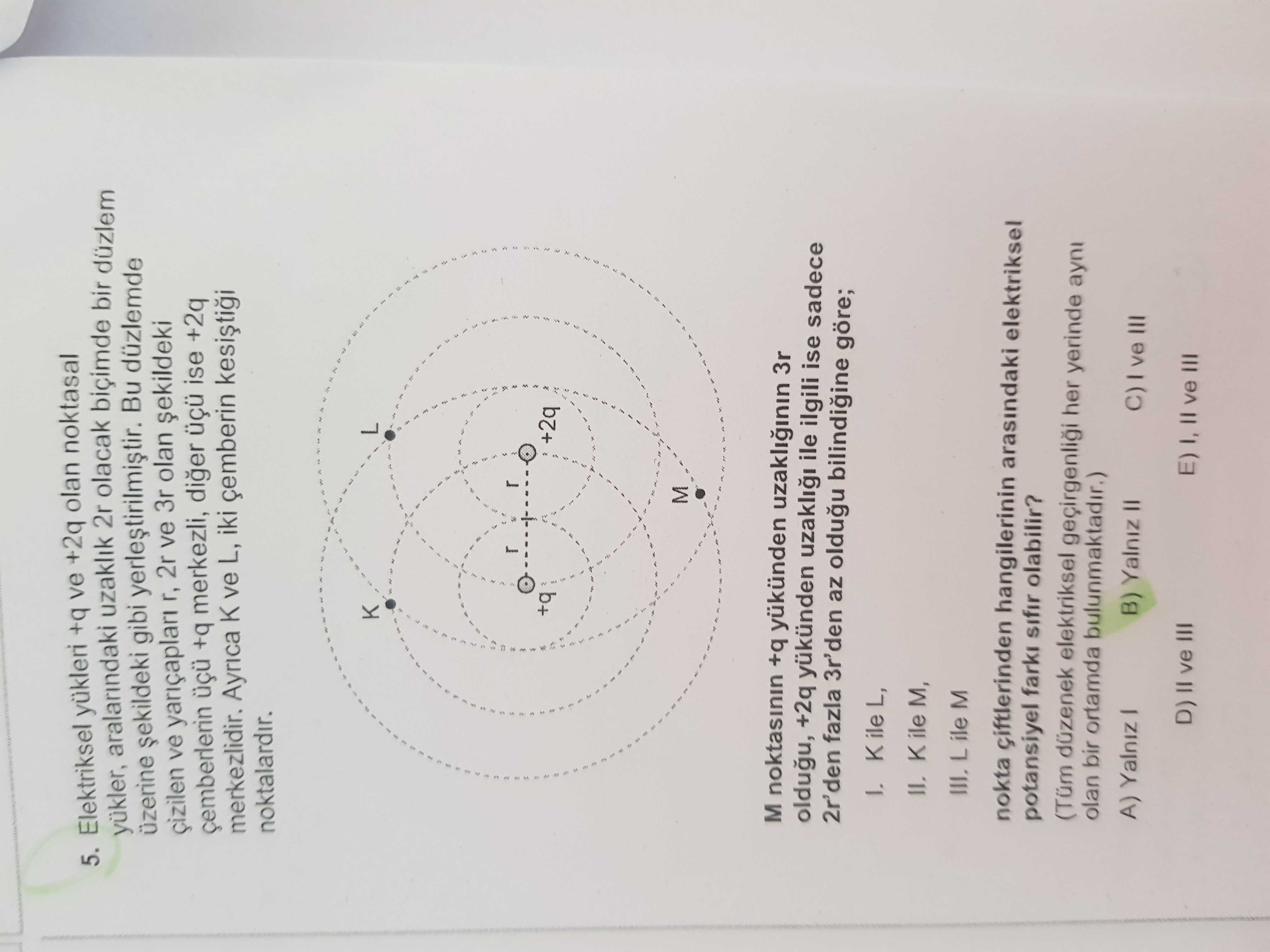 Elektriksel yükleri +q ve +2q olan noktasal yükler, aralarındaki uzaklık 2r olacak biçimde bir