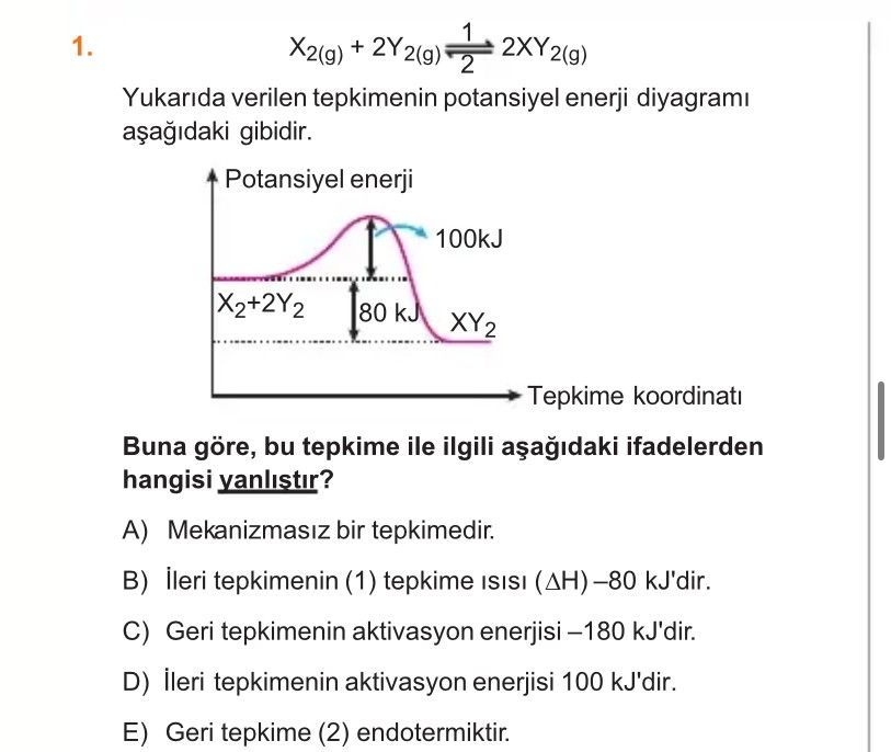 X₂₍g₎ + 2Y₂₍g₎ ⇌ 2XY₂₍g₎ 1/2 Yukarıda verilen tepkimenin potansiyel enerji diyagramı aşağıdaki