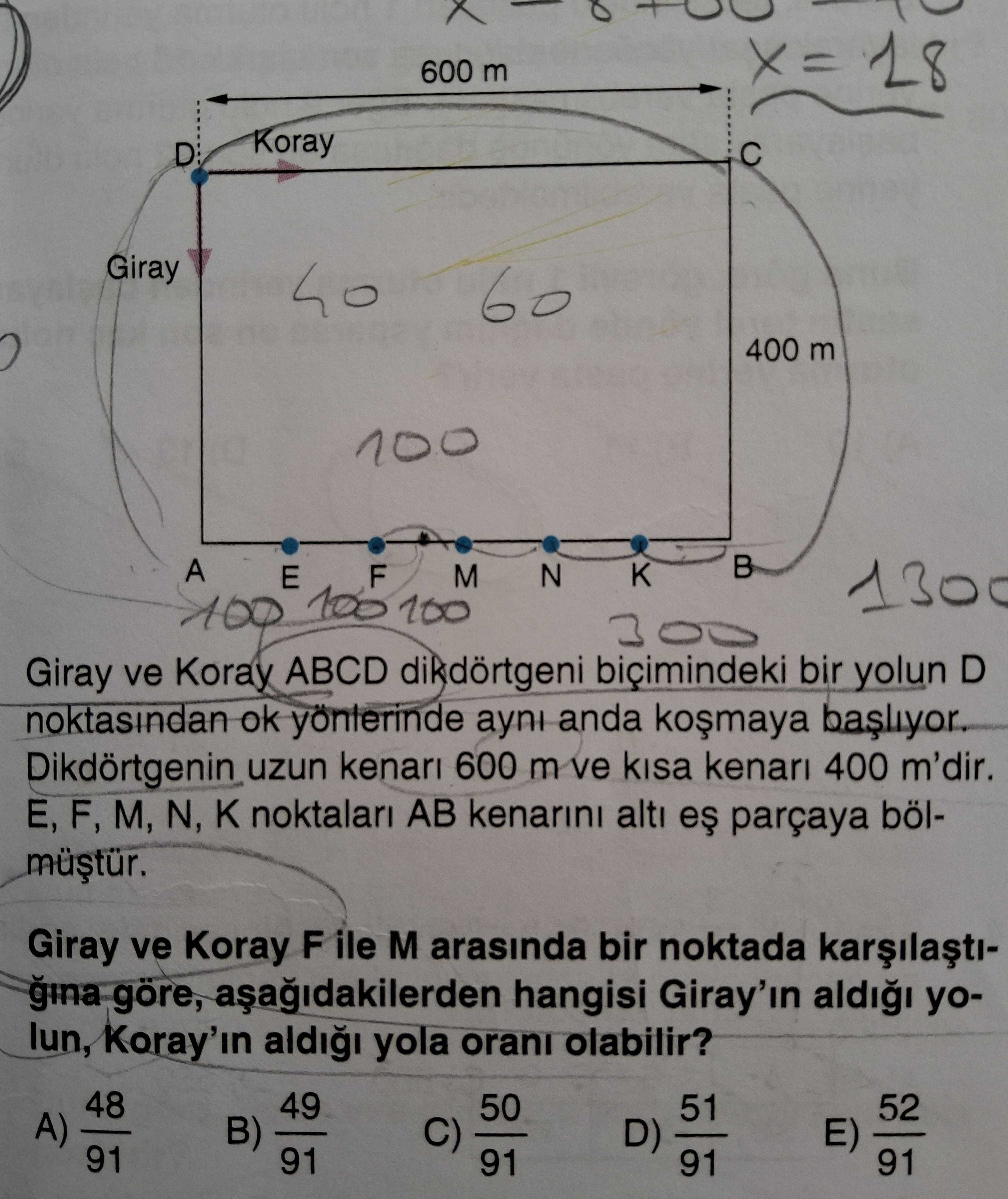 Giray ve Koray ABCD dikdörtgeni biçimindeki bir yolun D noktasından ok yönlerinde aynı anda koşmaya