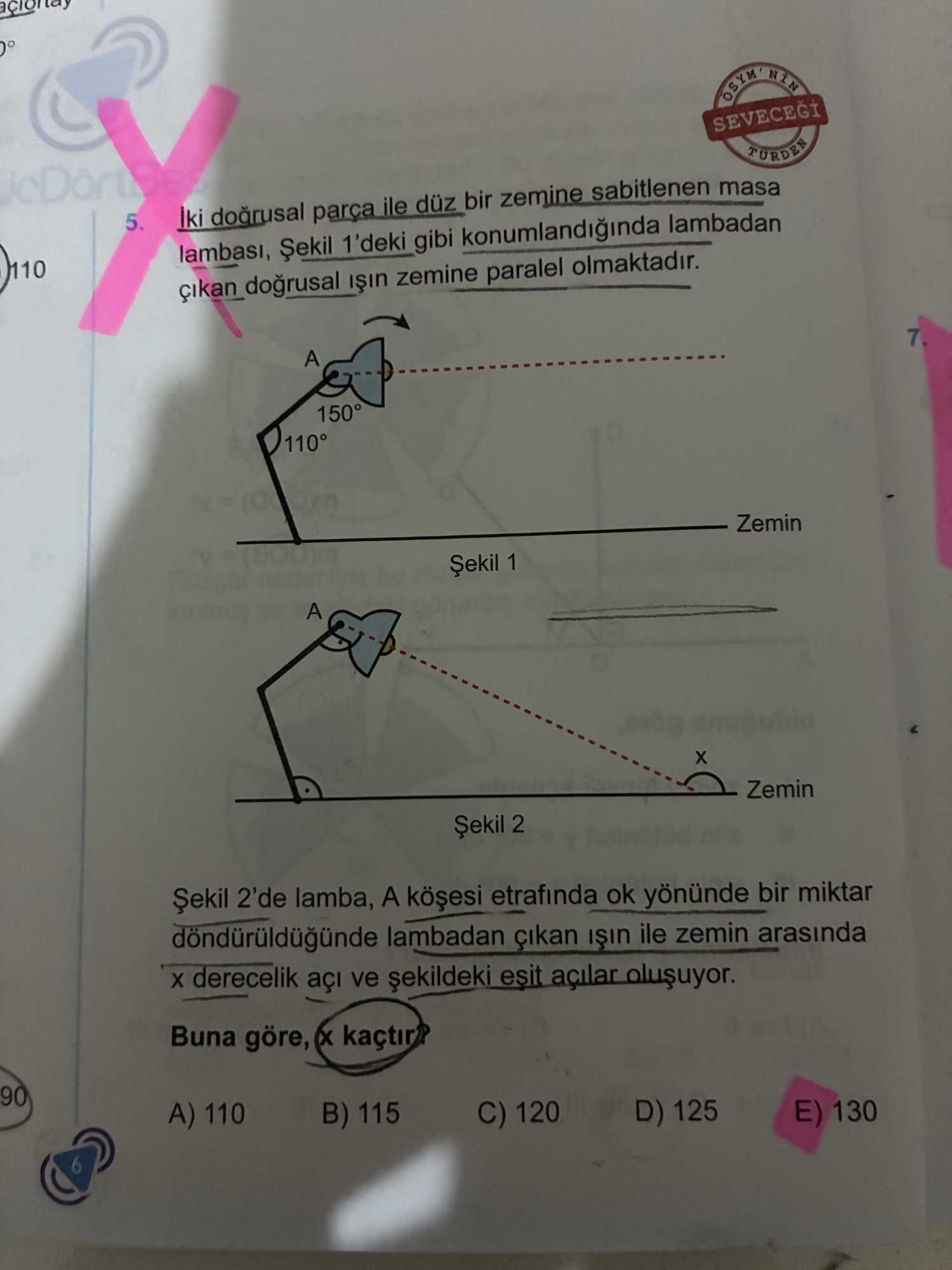 İki doğrusal parça ile düz bir zemine sabitlenen masa lambası, Şekil 1'deki gibi konumlandığında