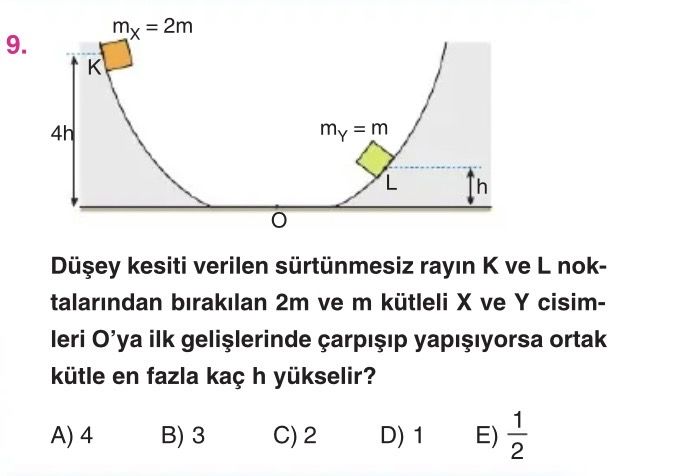 Düşey kesiti verilen sürtünmesiz rayın K ve L noktalarından bırakılan 2m ve m kütleli X ve Y