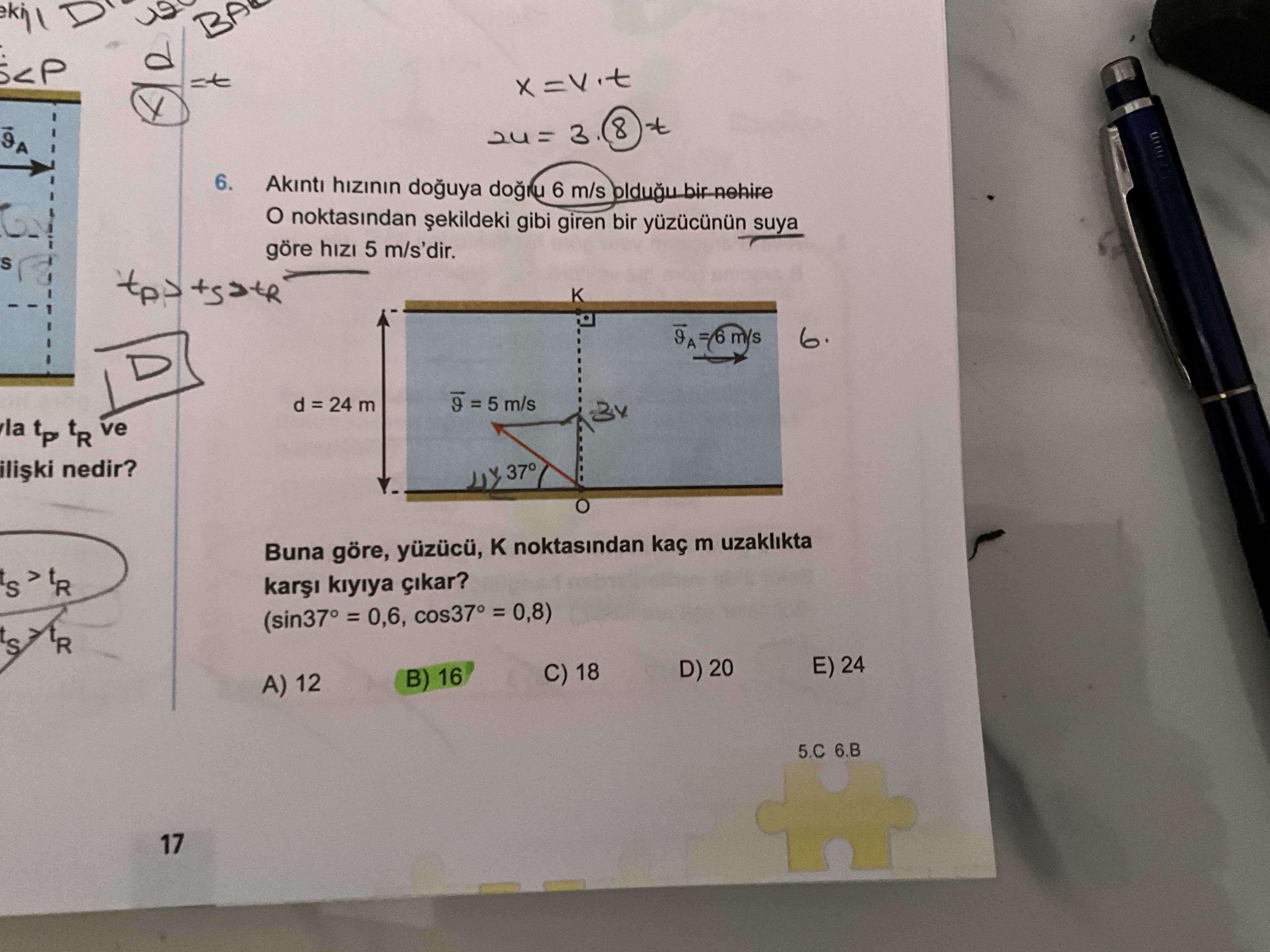Akıntı hızının doğuya doğru 6 m/s olduğu bir nehire O noktasından şekildeki gibi giren bir yüzücünün